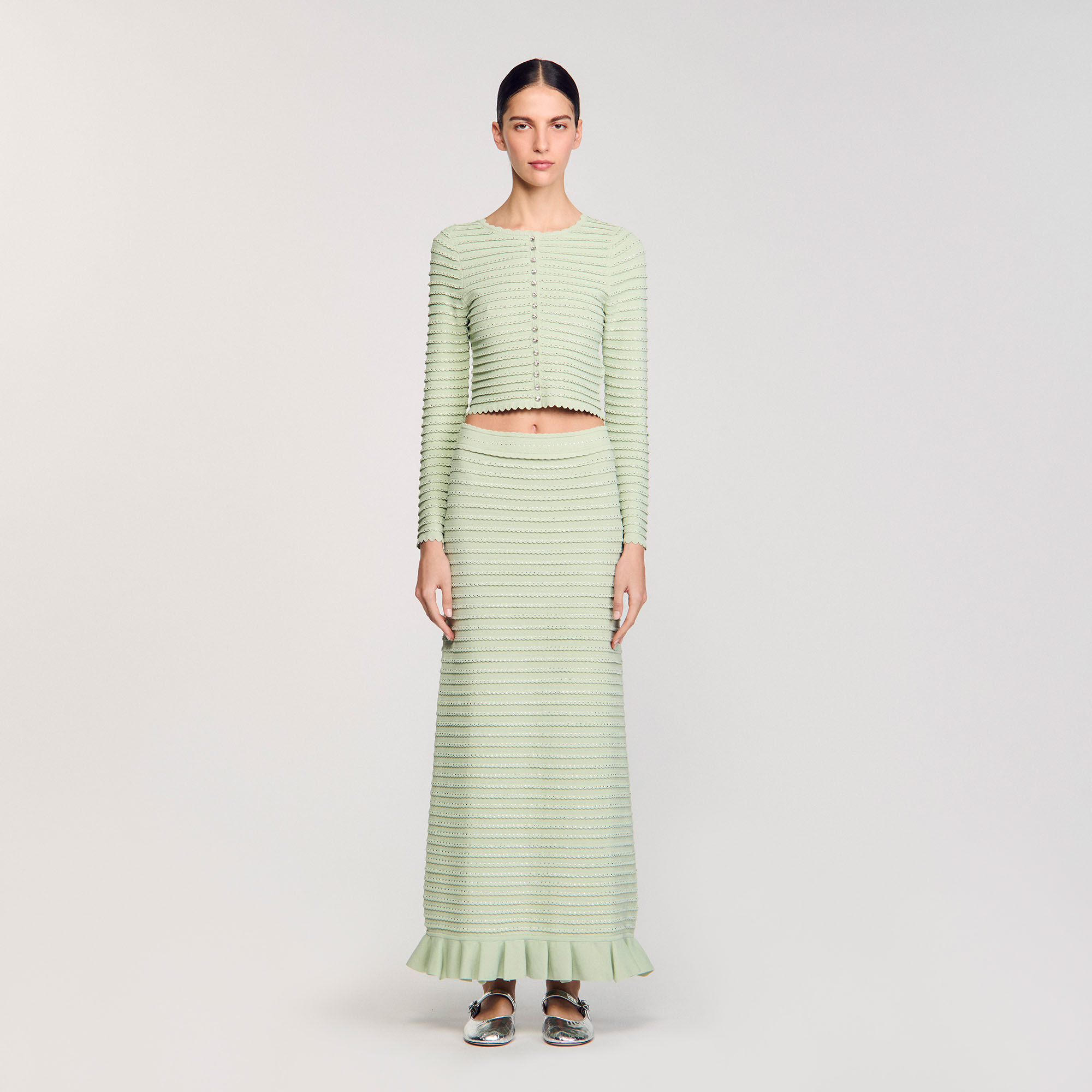 Vanilla　1025 Rhinestone knit maxi skirt green For Women | Sandro Paris