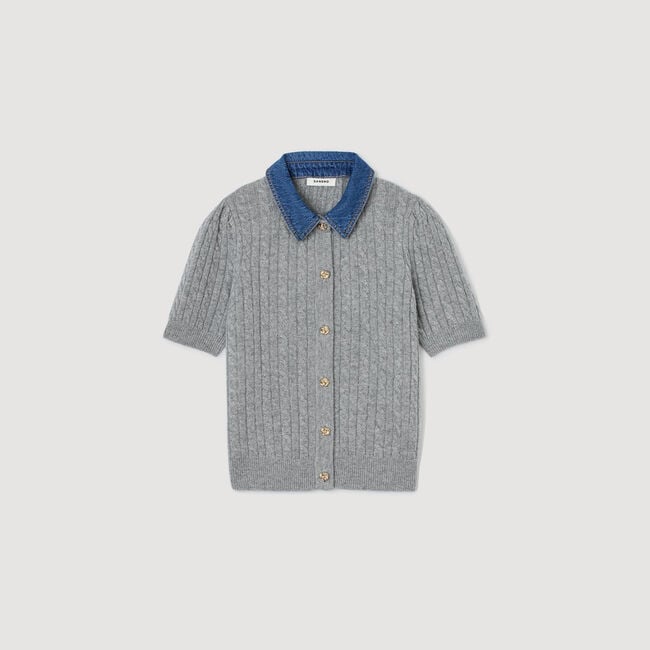 Cardigan with denim collar