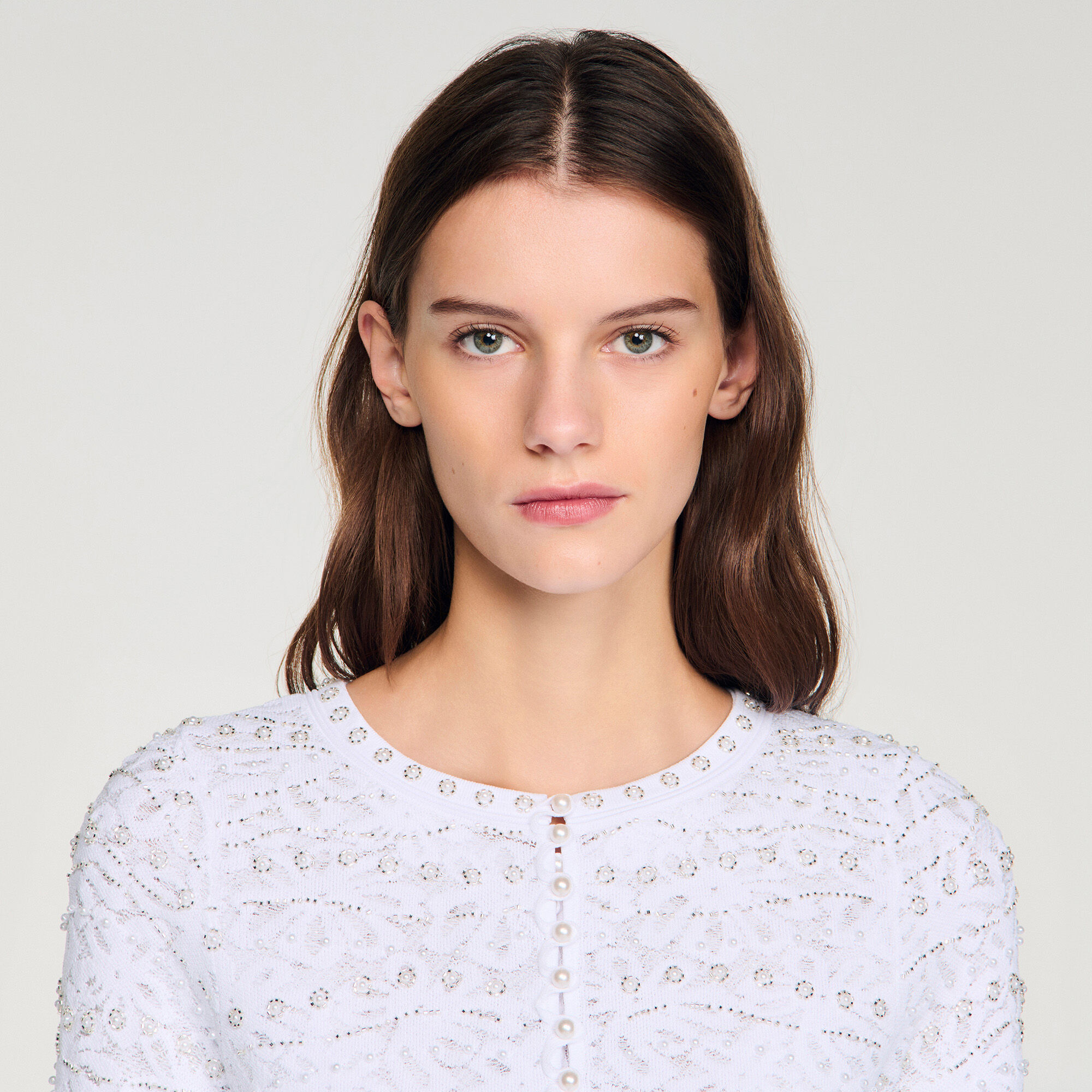 Cropped pearled cardigan