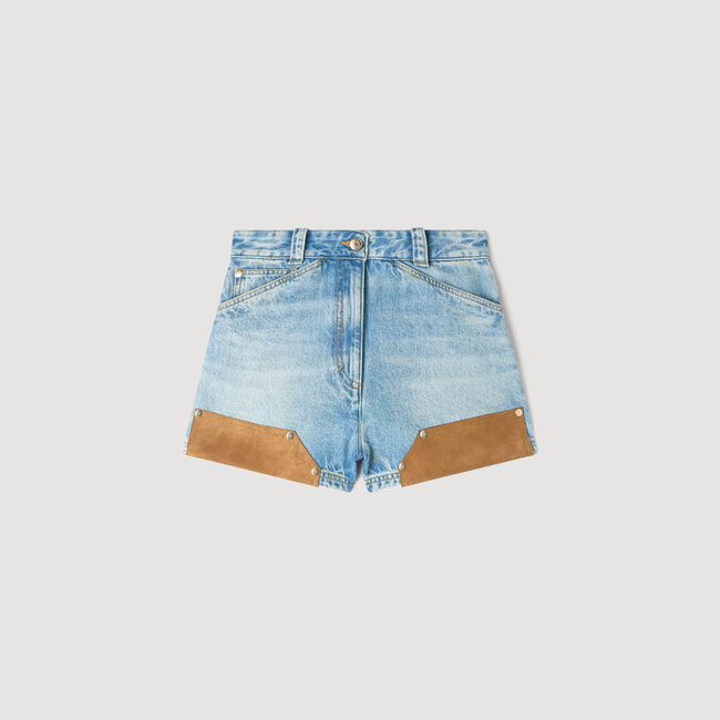 Riveted denim and suede shorts