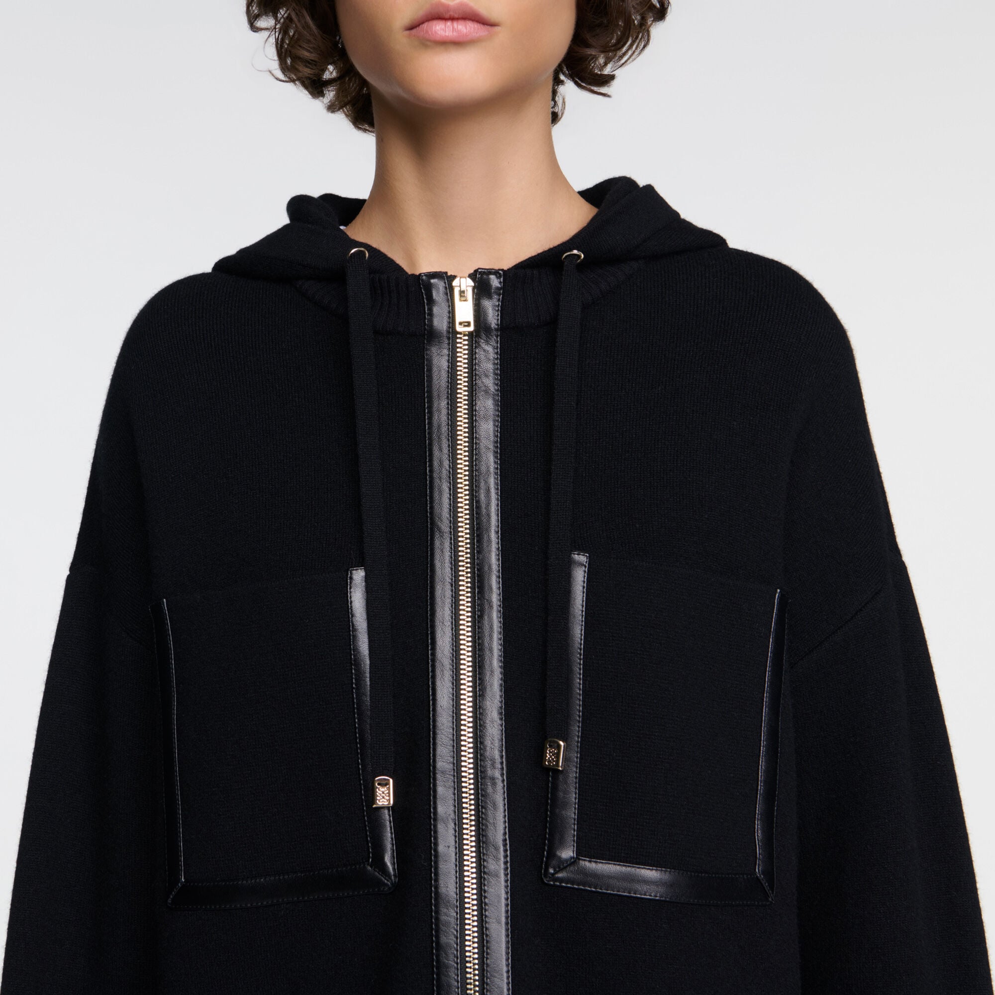 Hooded cardigan, leather details - Women | Sandro
