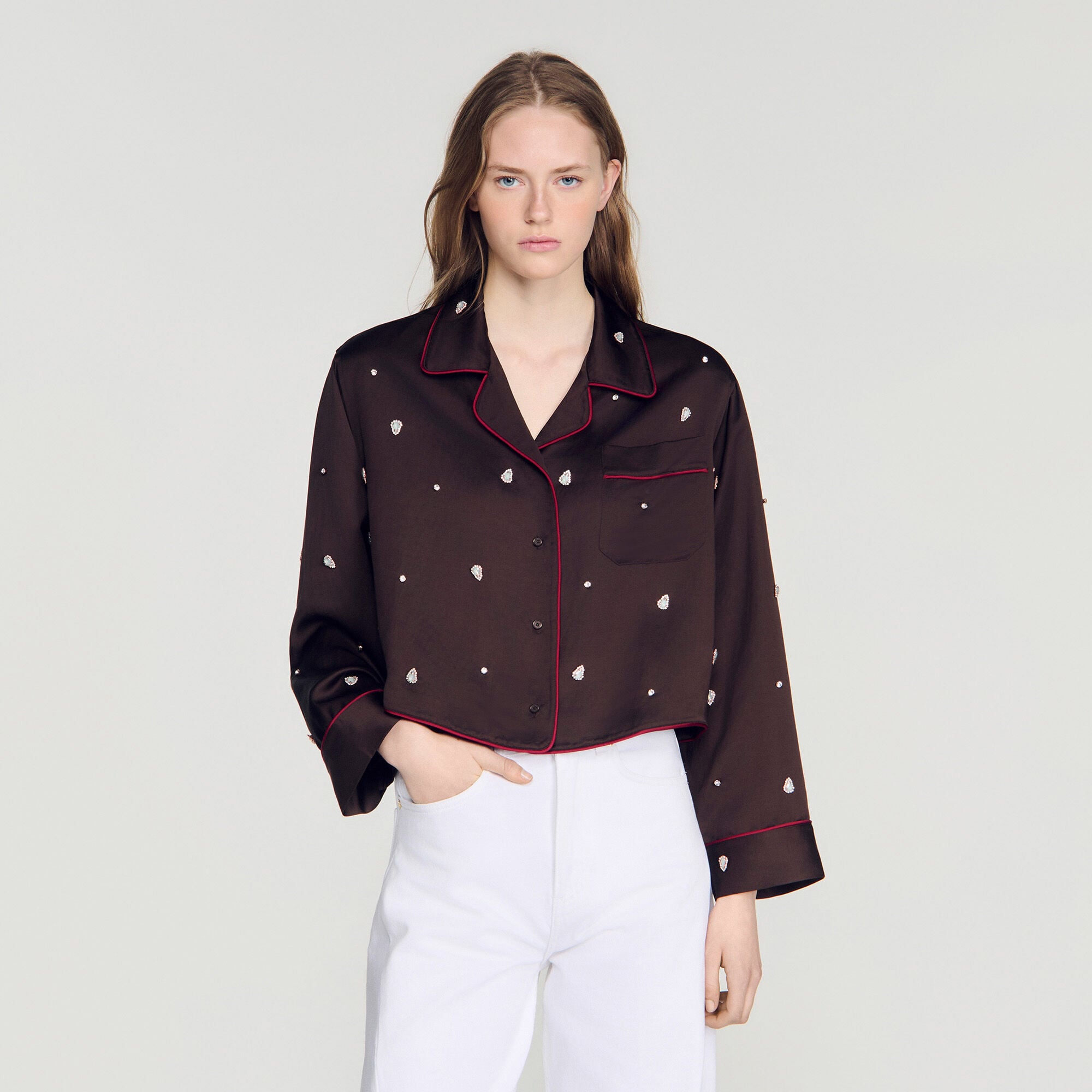 Shirt with beads and rhinestones