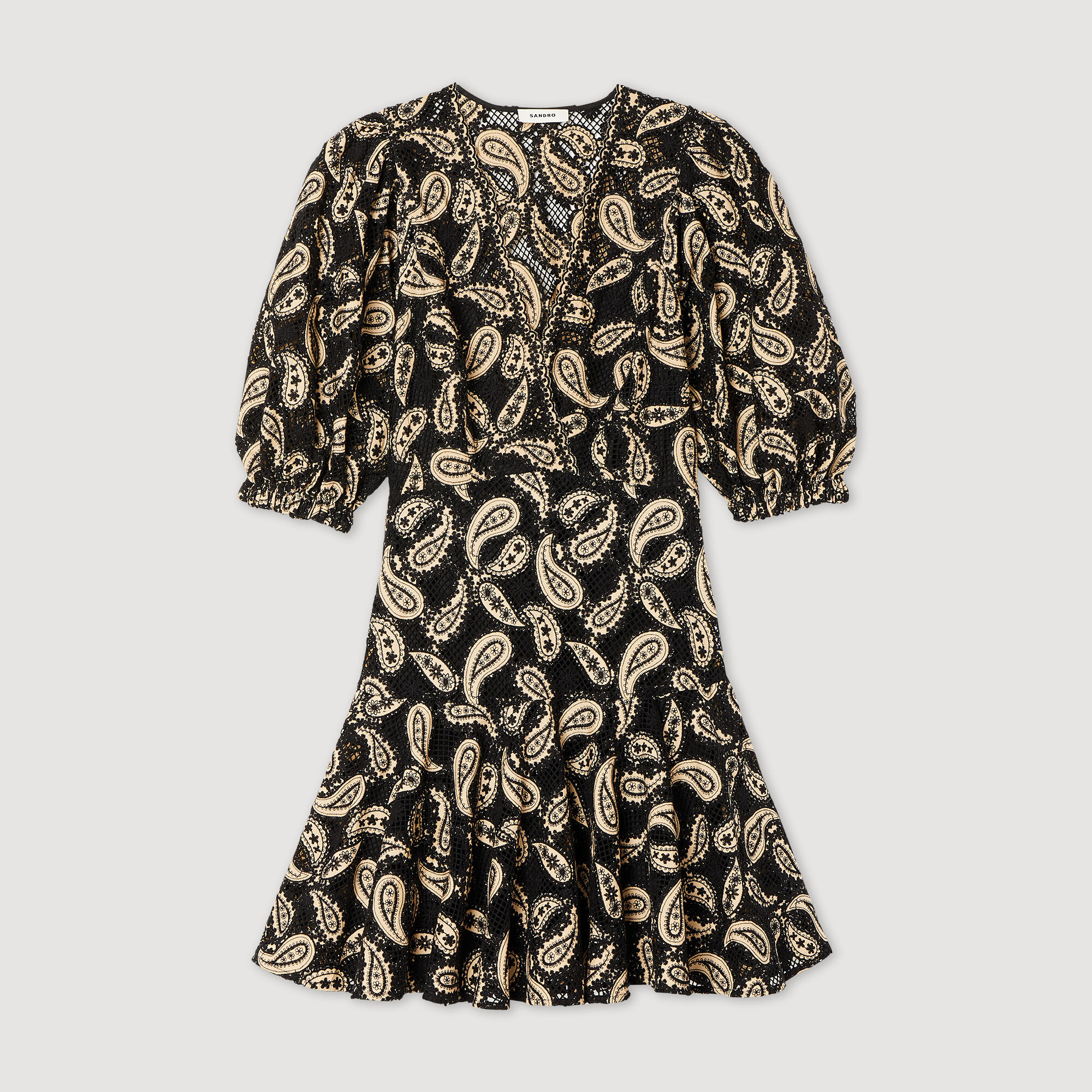 Short guipure dress with paisley print