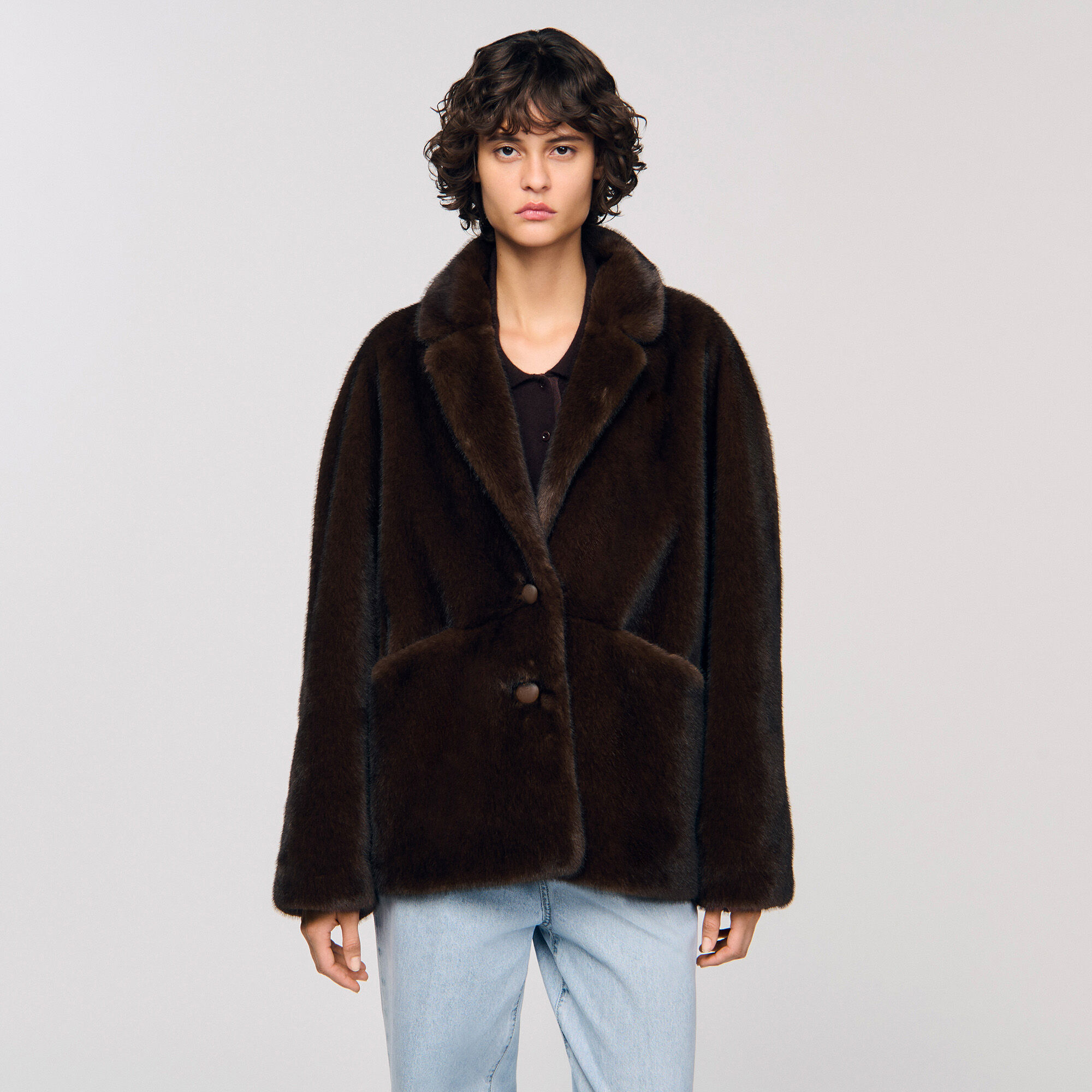 Faux fur coat jacket brown For Women | Sandro Paris