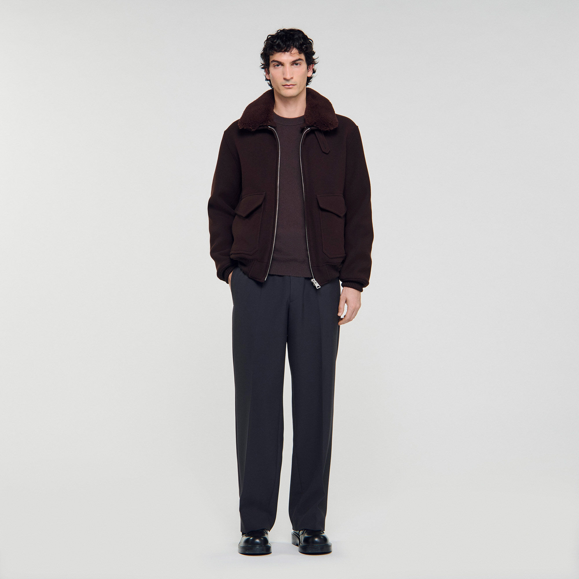 Wool aviator jacket with shearling
