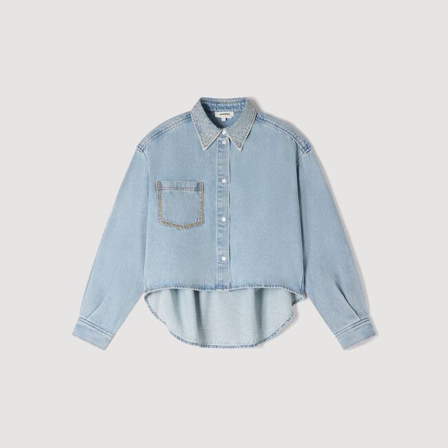 Rhinestone cropped denim shirt
