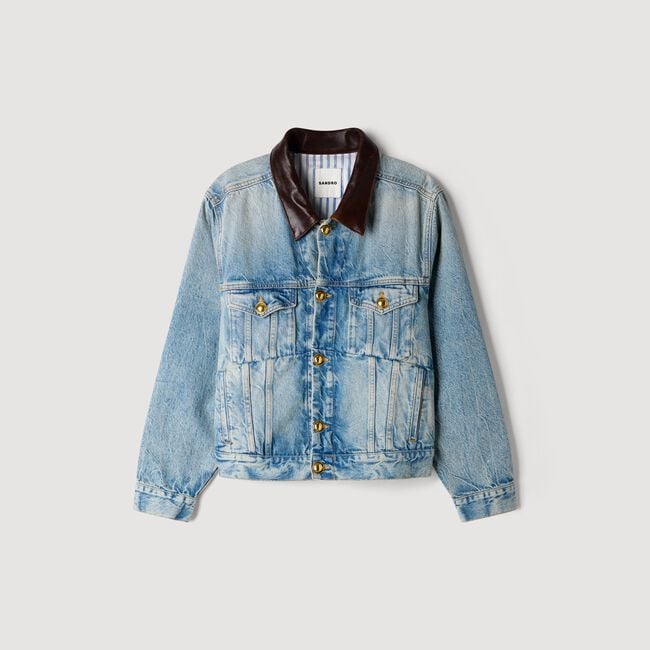 Denim jacket with leather collar