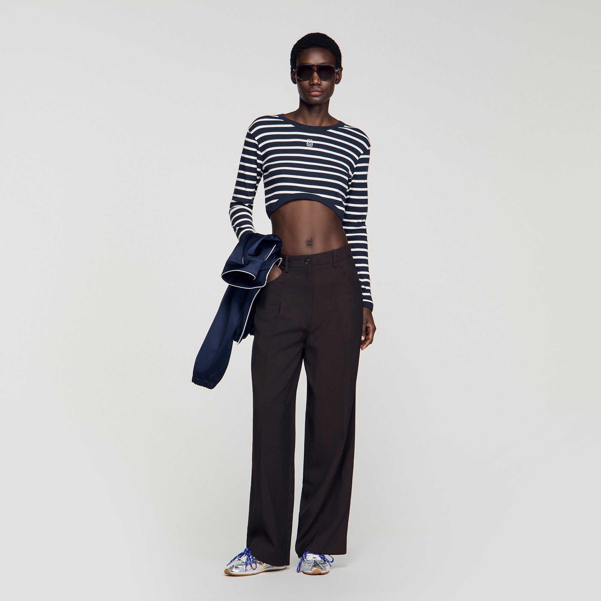 Cropped striped cotton T-shirt