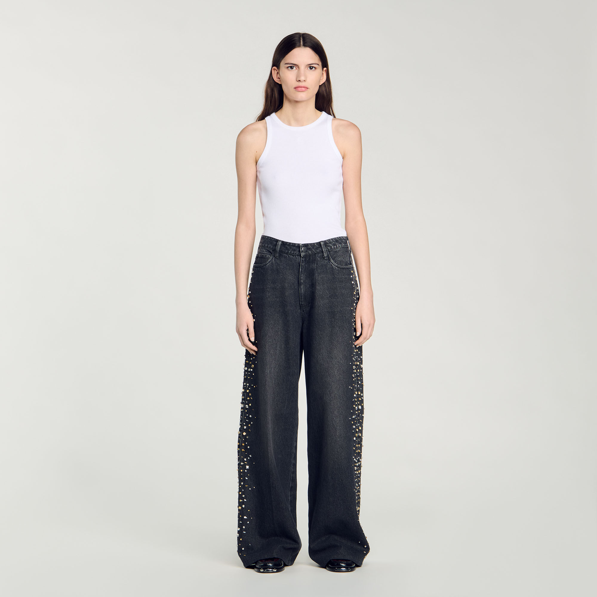 Wide-leg rhinestone jeans