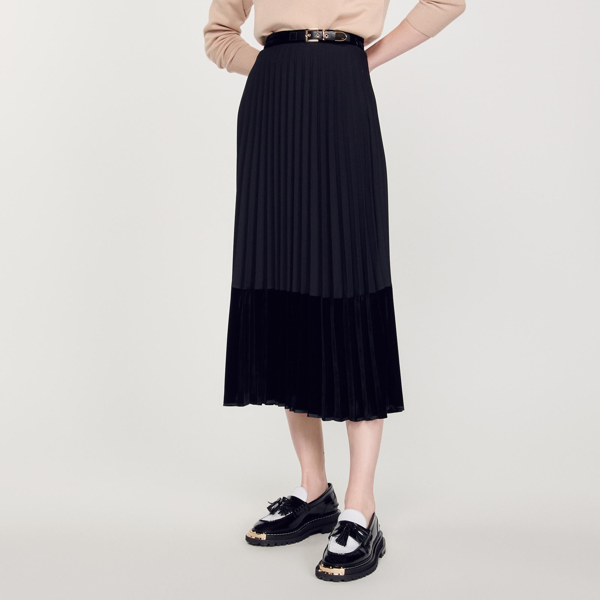 Long pleated wrapover skirt