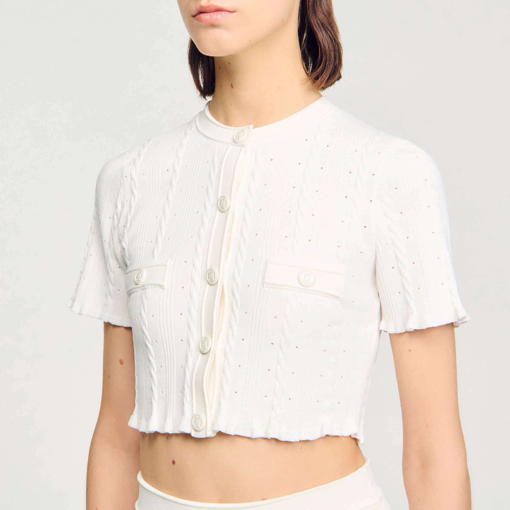 Cropped pointelle knit cardigan