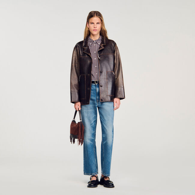 Oversized leather jacket with studs