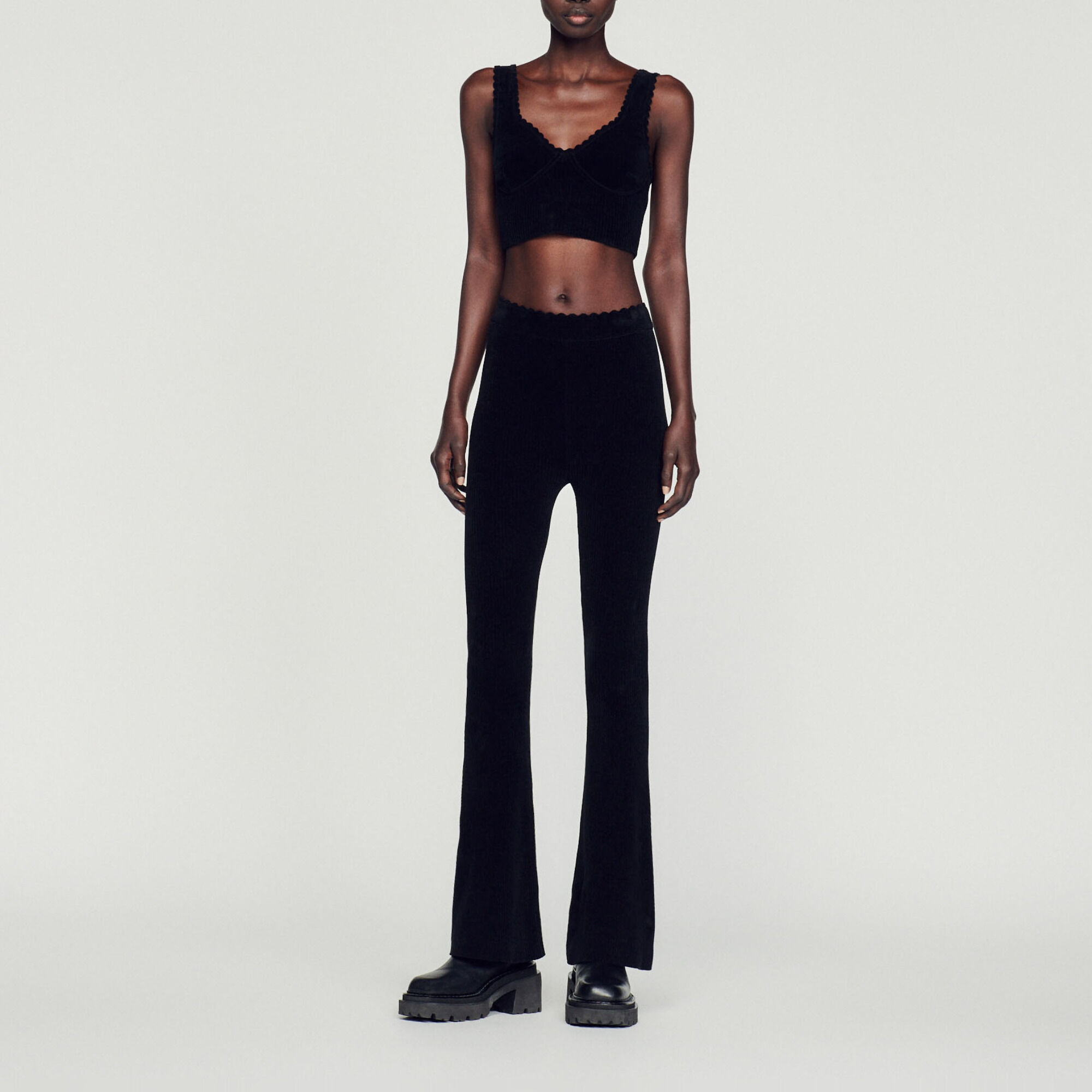 Flared velour knit trousers