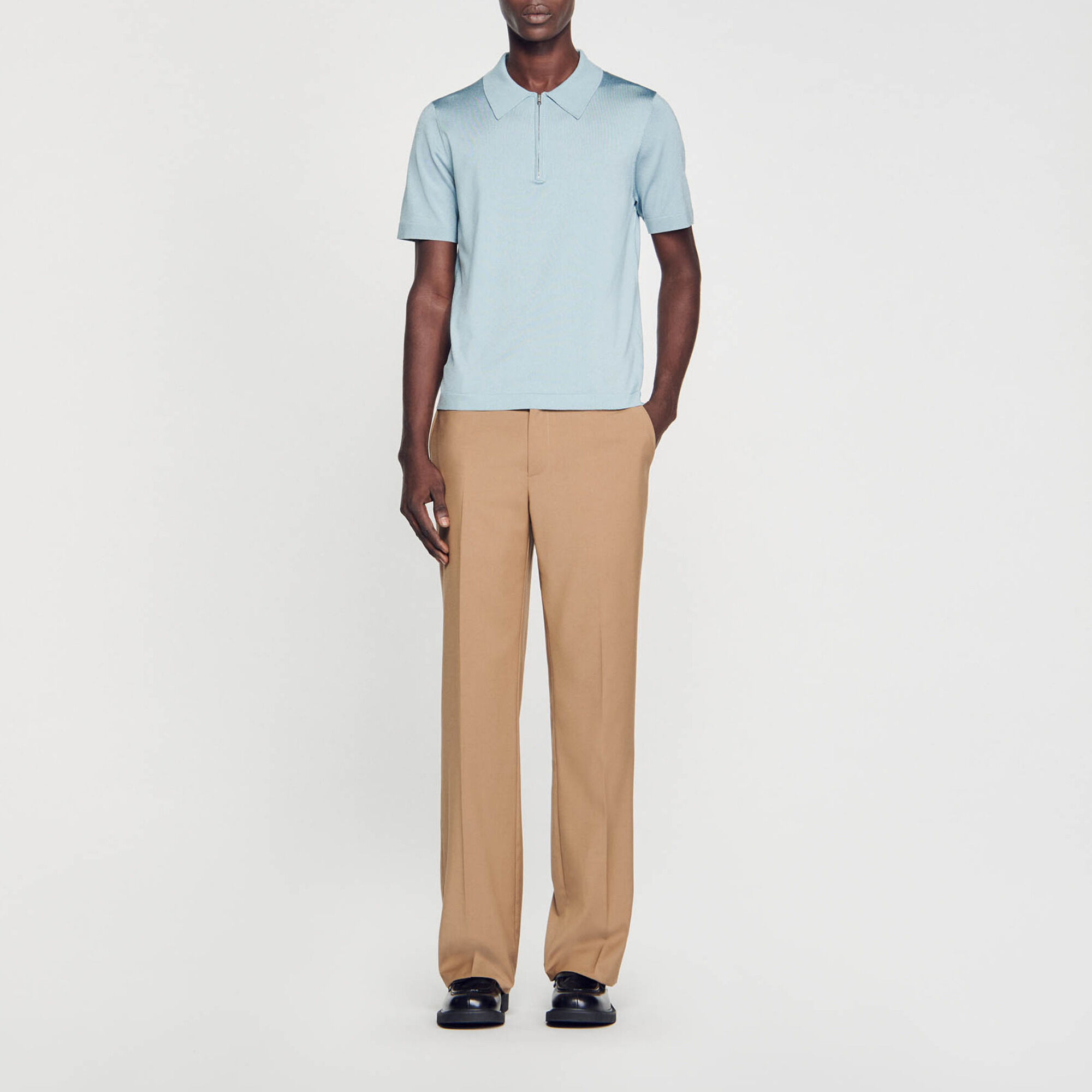 Knitted polo shirt with zip collar Blue Sandro Paris