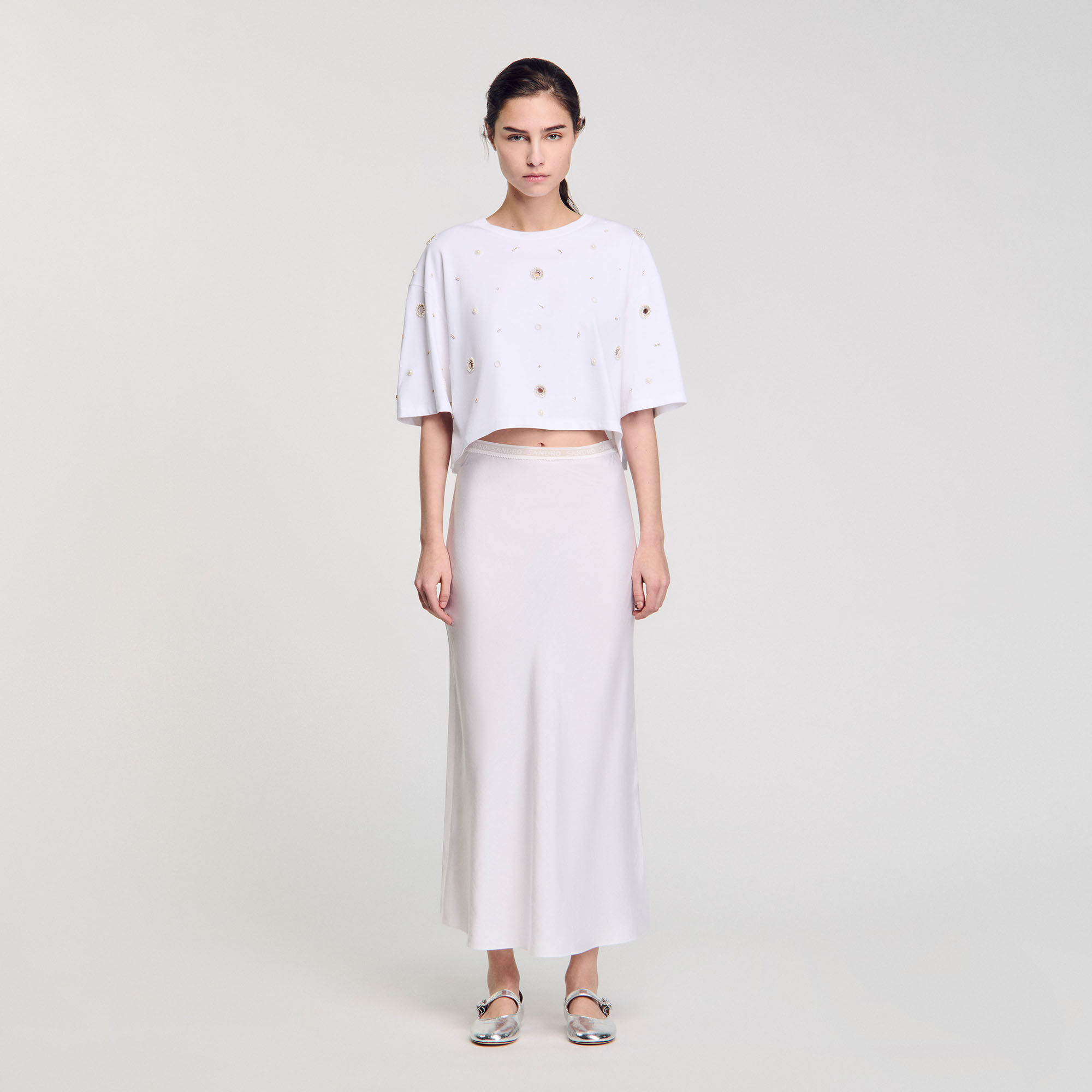 Cropped pearl bead T-shirt