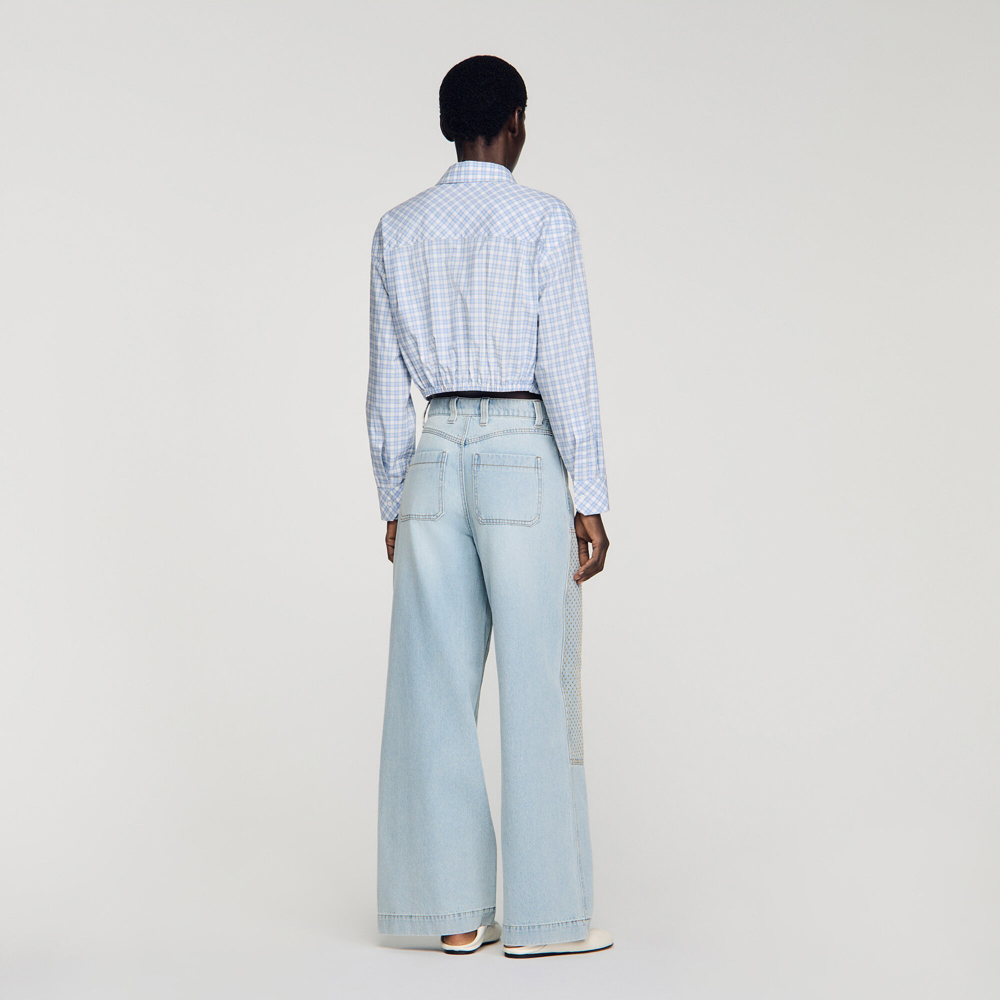 Faded straight crystal patch jeans