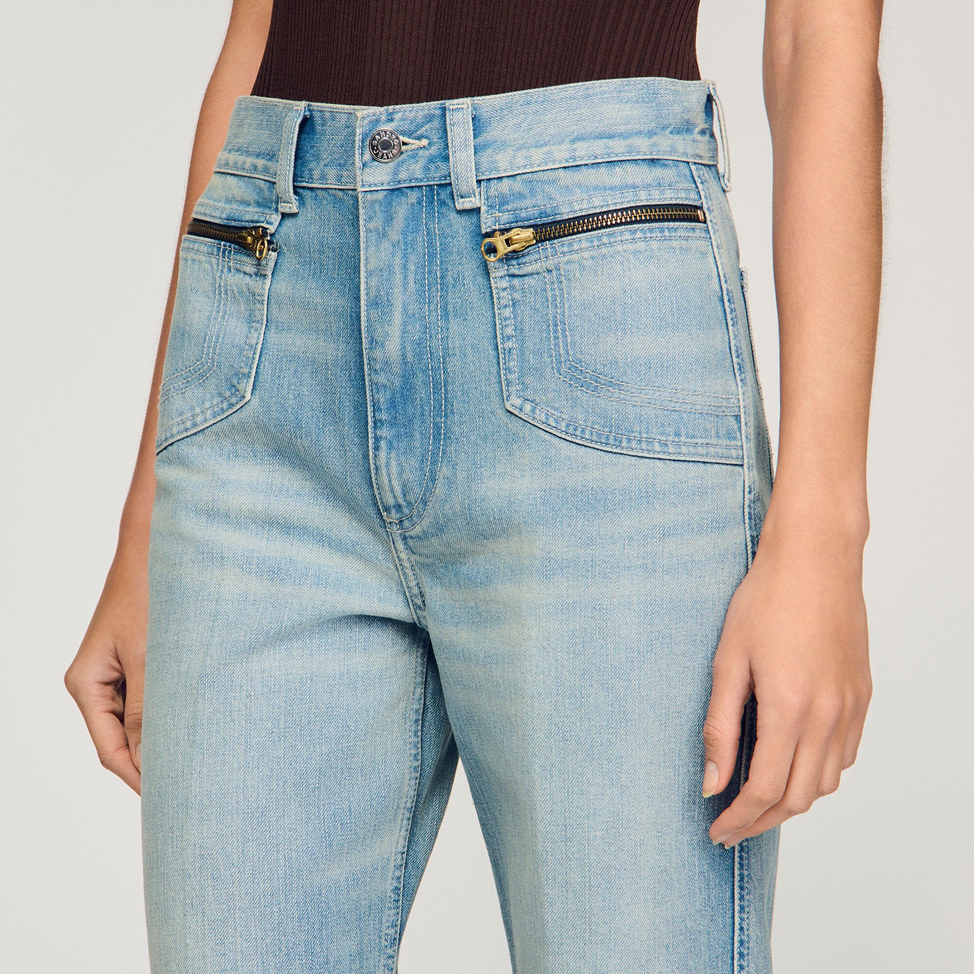 Faded straight zipped cotton jeans