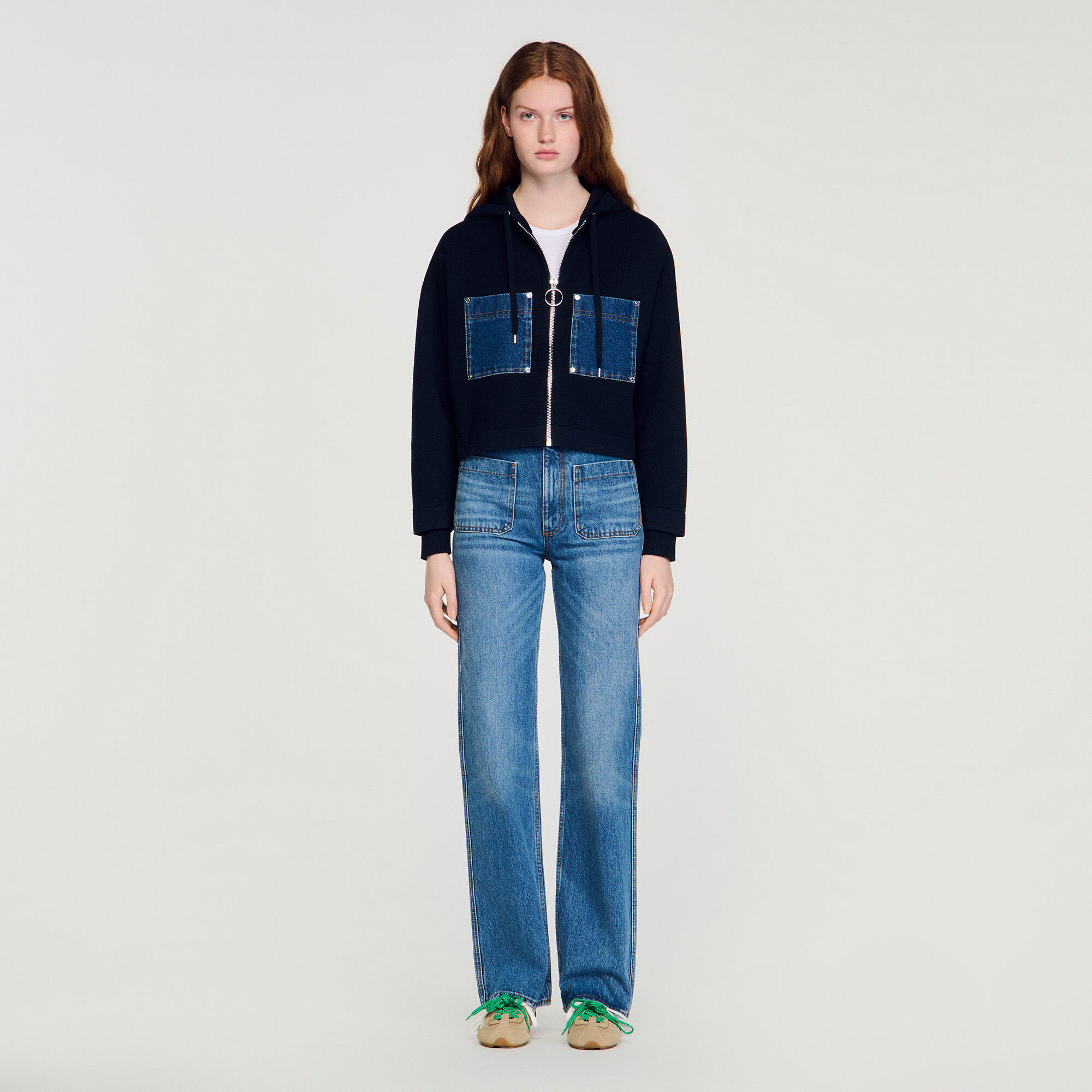 Knit and denim sweatshirt