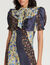 Long printed dress with pussy bow collar