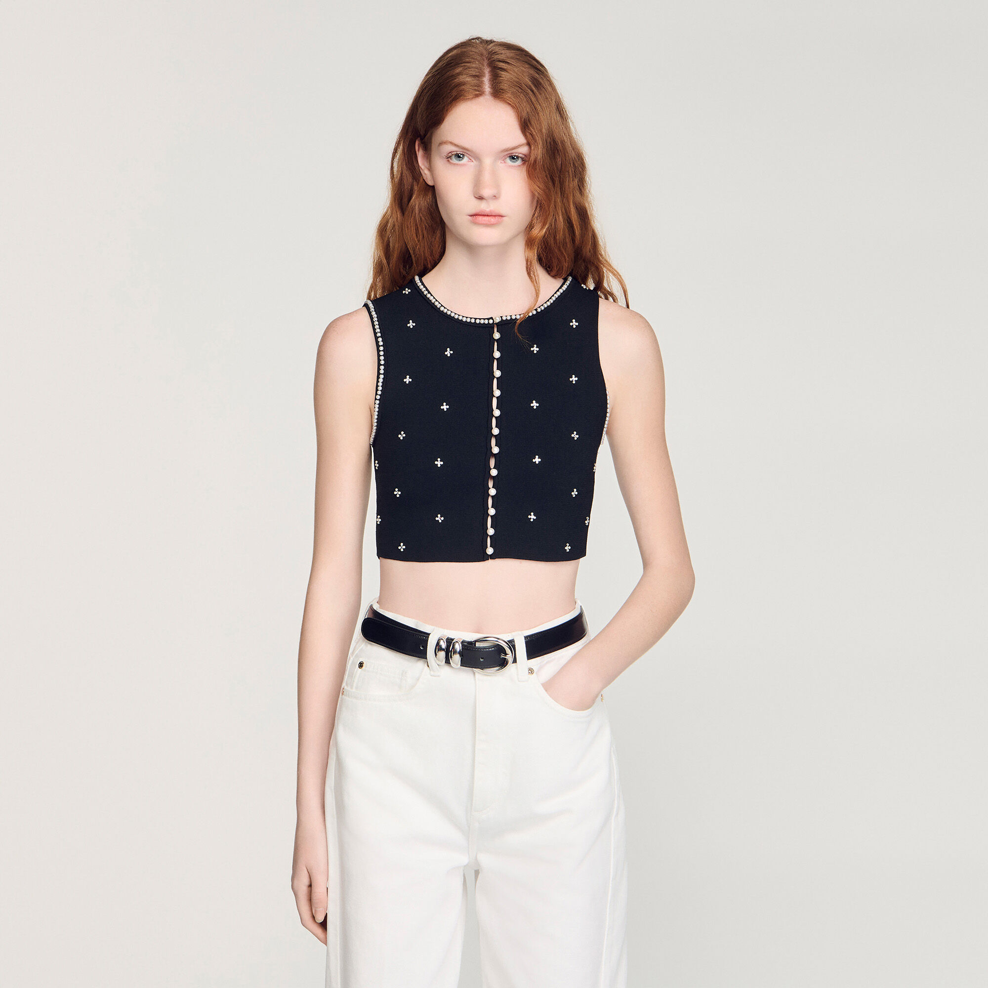 Jewelled embroidered knit crop top