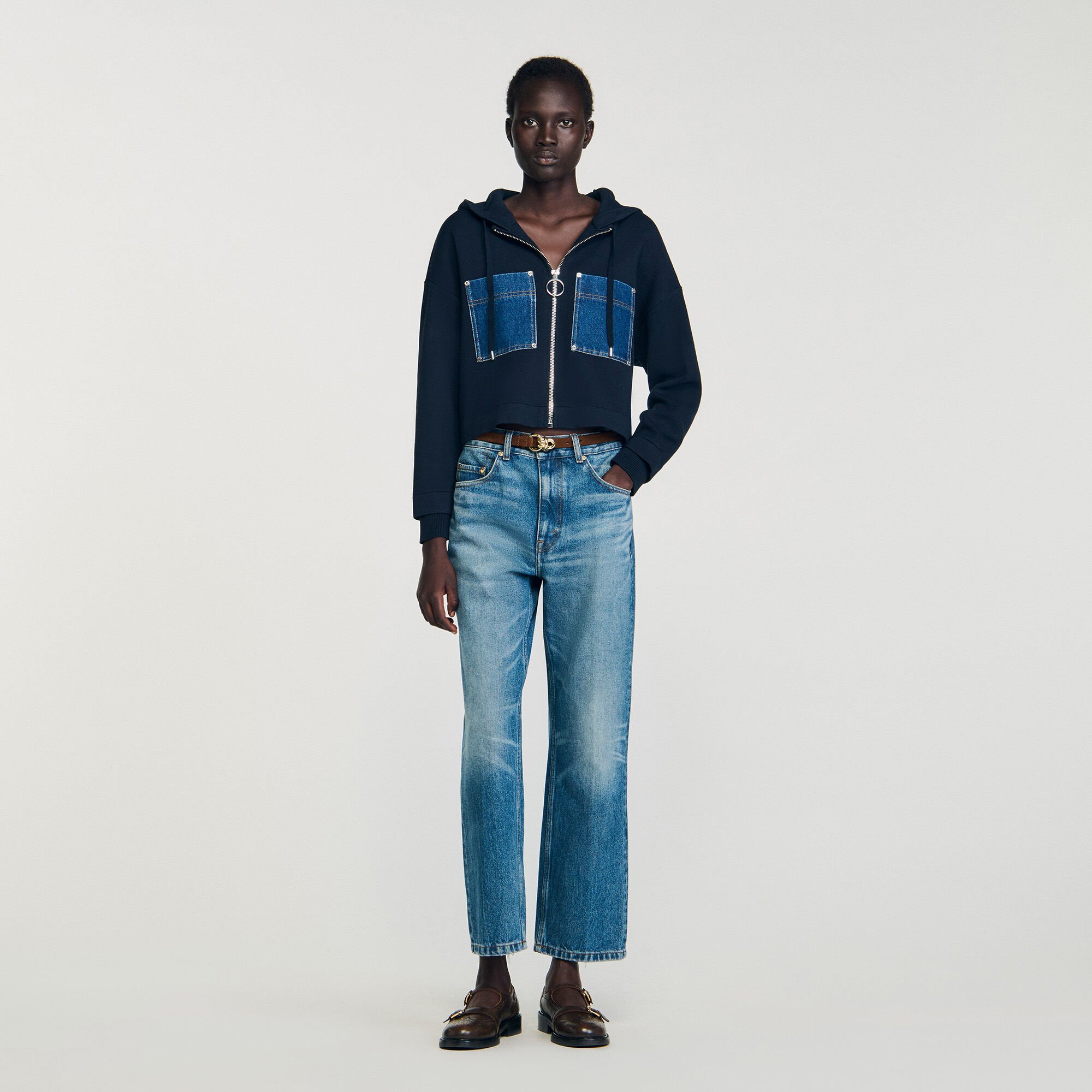 Knit and denim sweatshirt