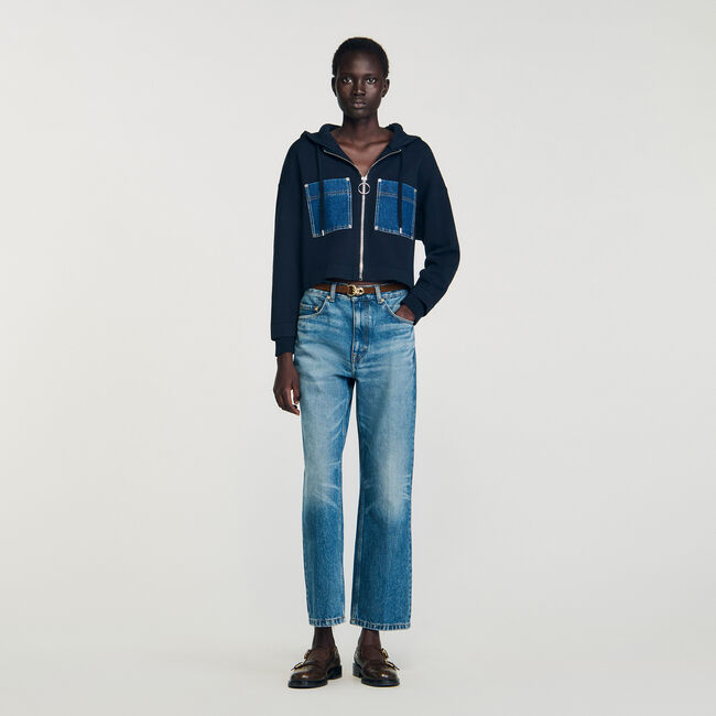 Knit and denim sweatshirt
