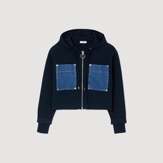 Knit and denim sweatshirt