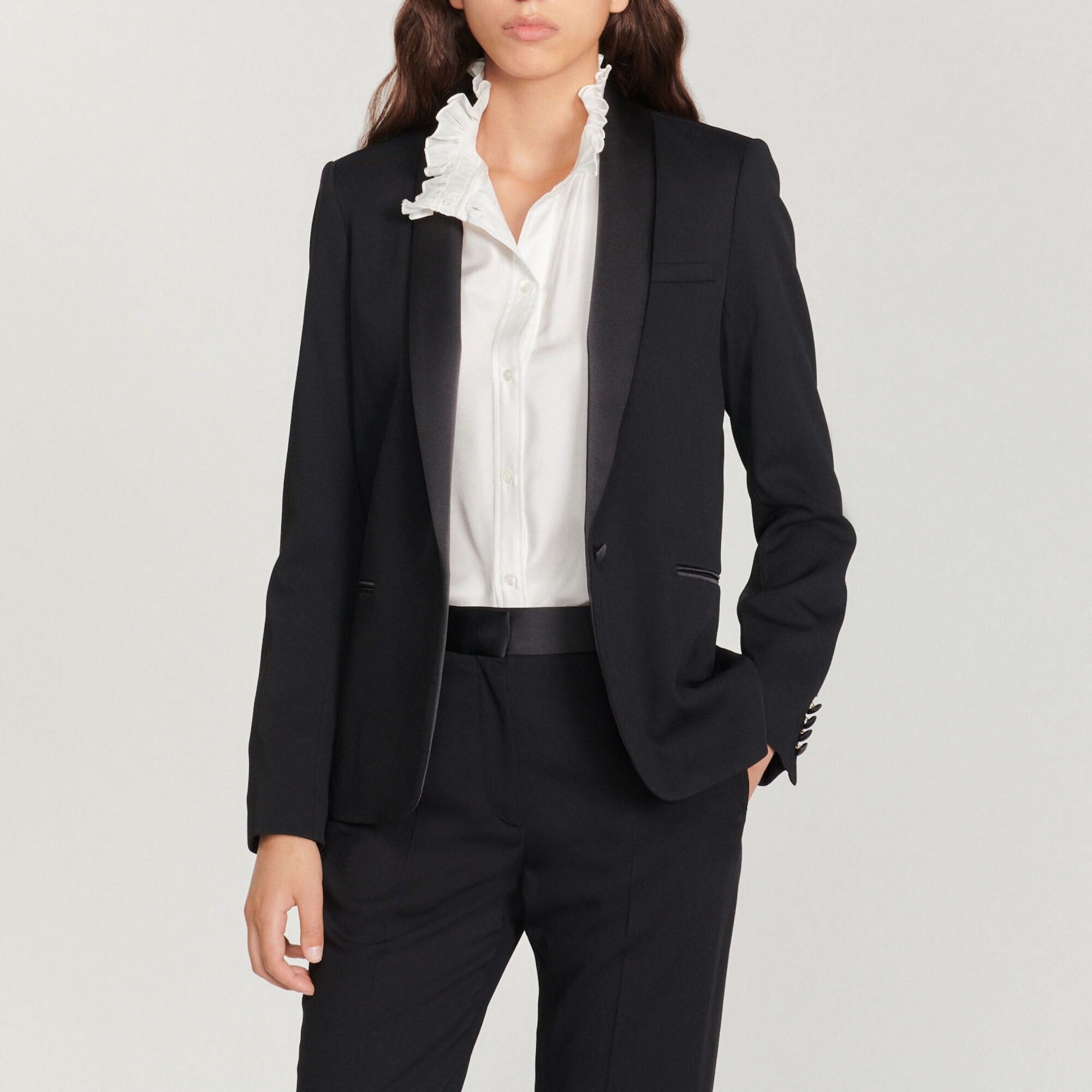 Tuxedo jacket with satin inset SFPVE00258 Black Sandro Paris