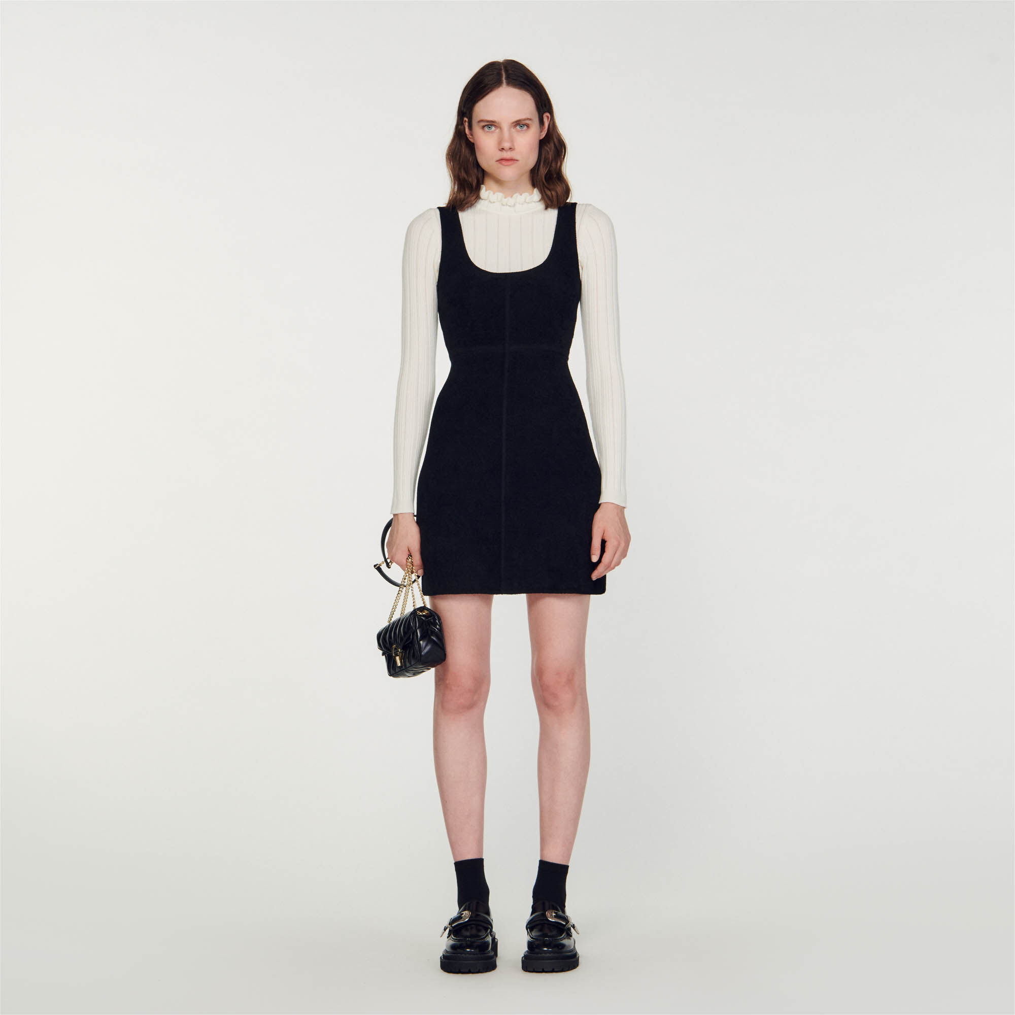 Ladies black online pinafore dress