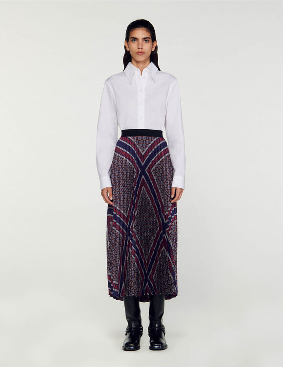 Printed pleated long skirt Marron / Bleu Femme