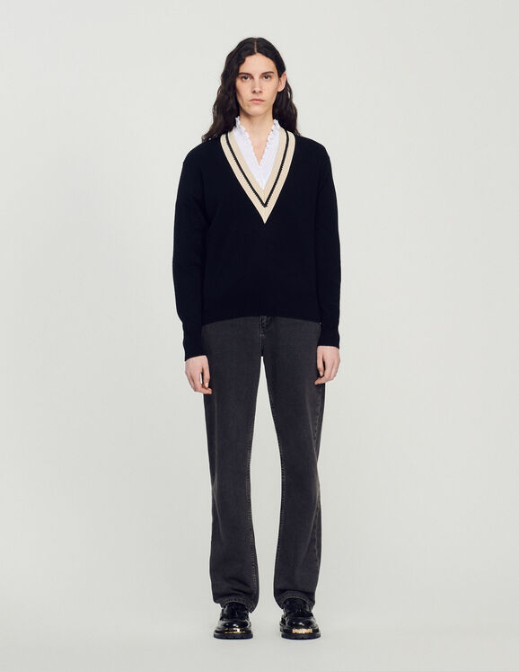 Sweater with contrasting V-neck Black Femme