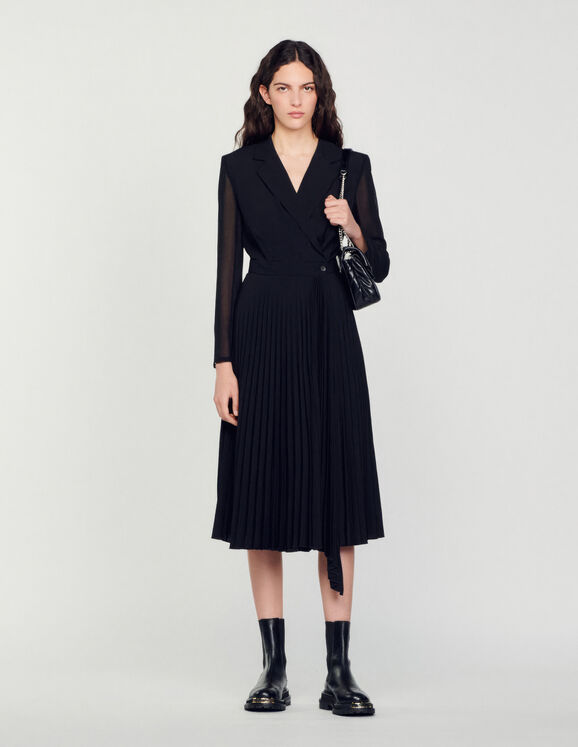 Dual-material long-sleeved dress Black Femme