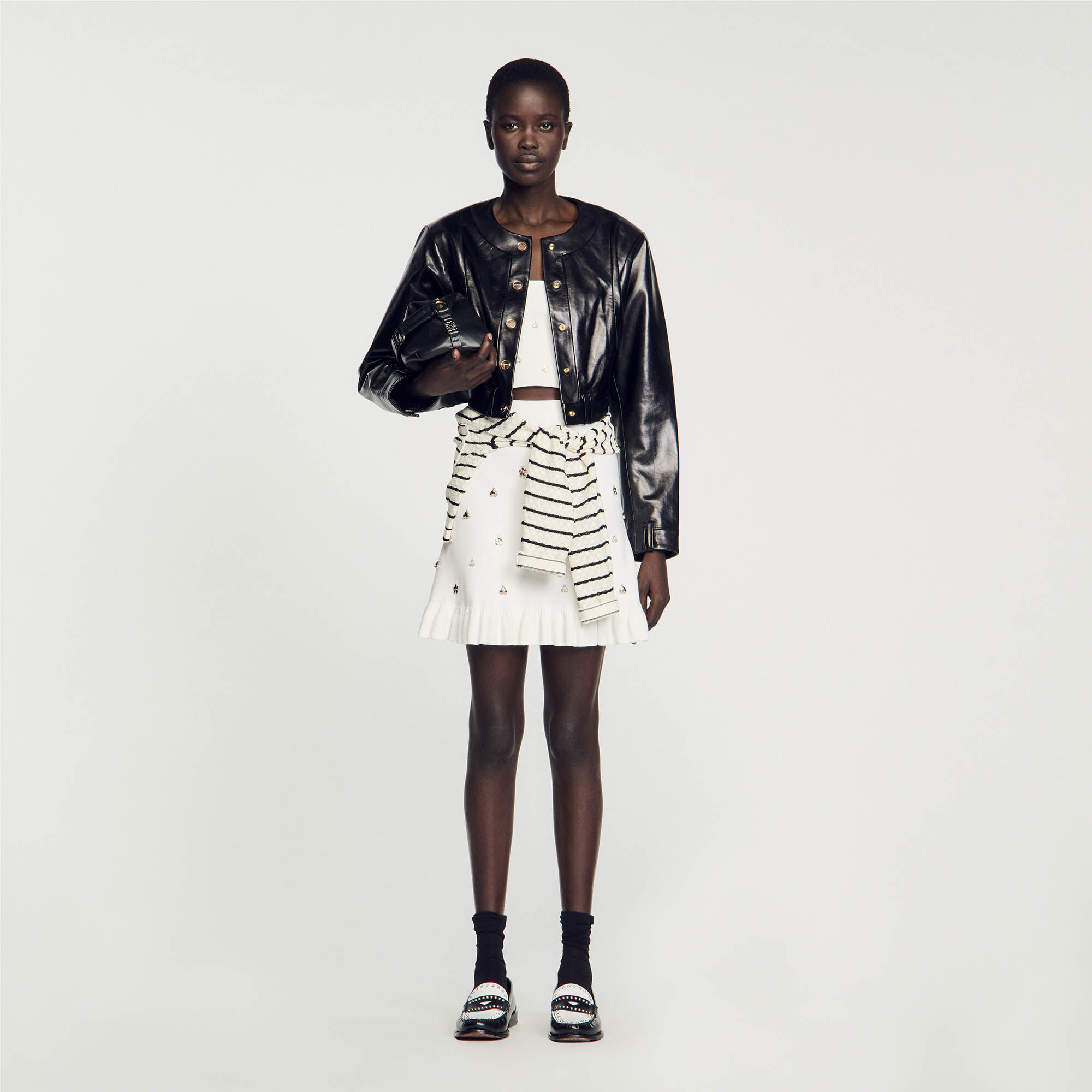 Round neck black leather jacket hot sale