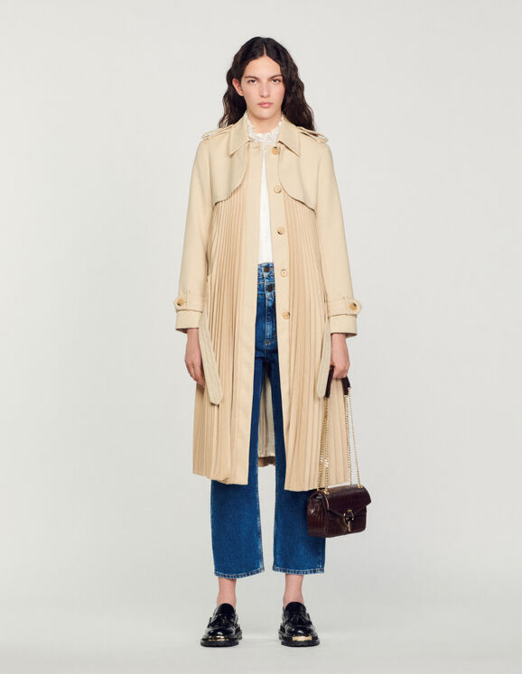 Pleated trench coat with belt : Coats color Beige - Sandro