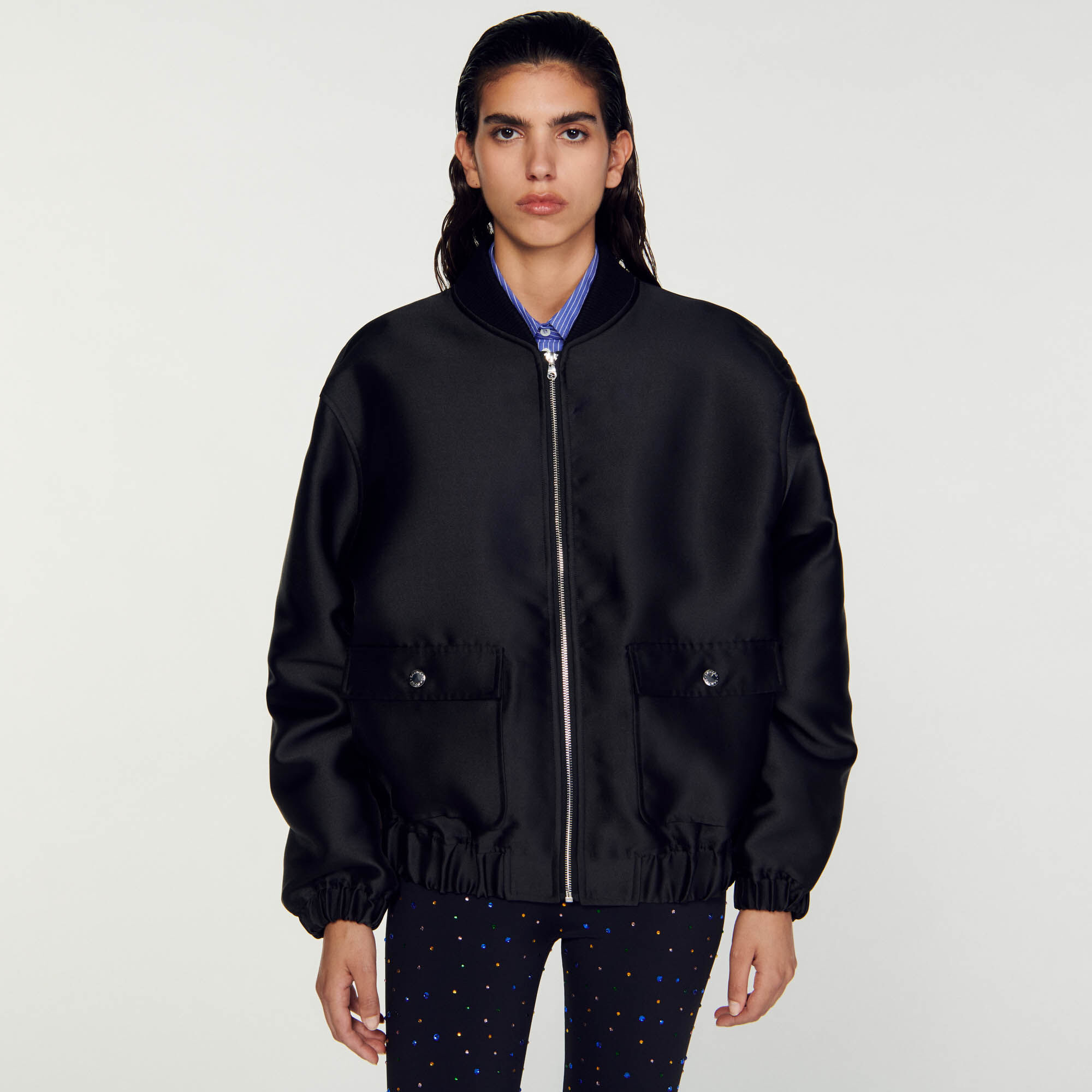 Oversized bomber shop jacket with hood