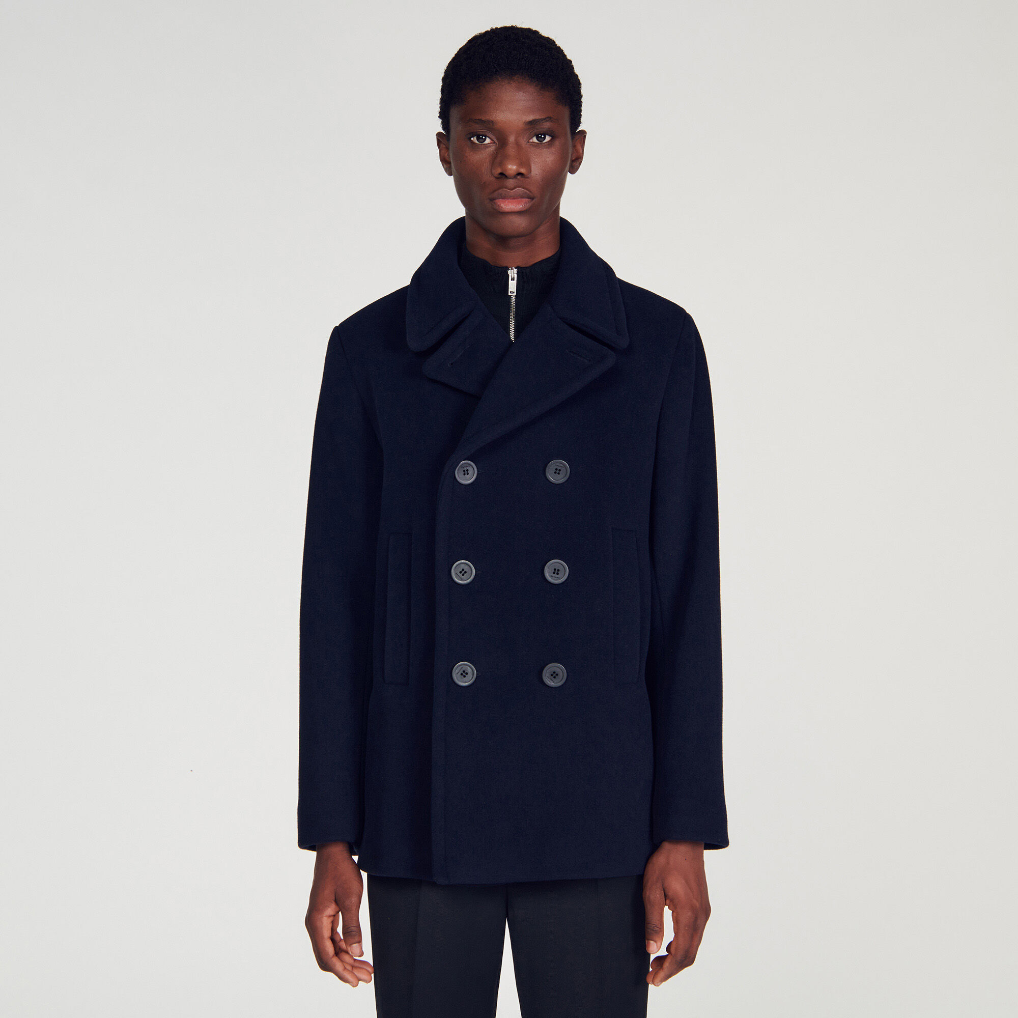 Long top blue peacoat