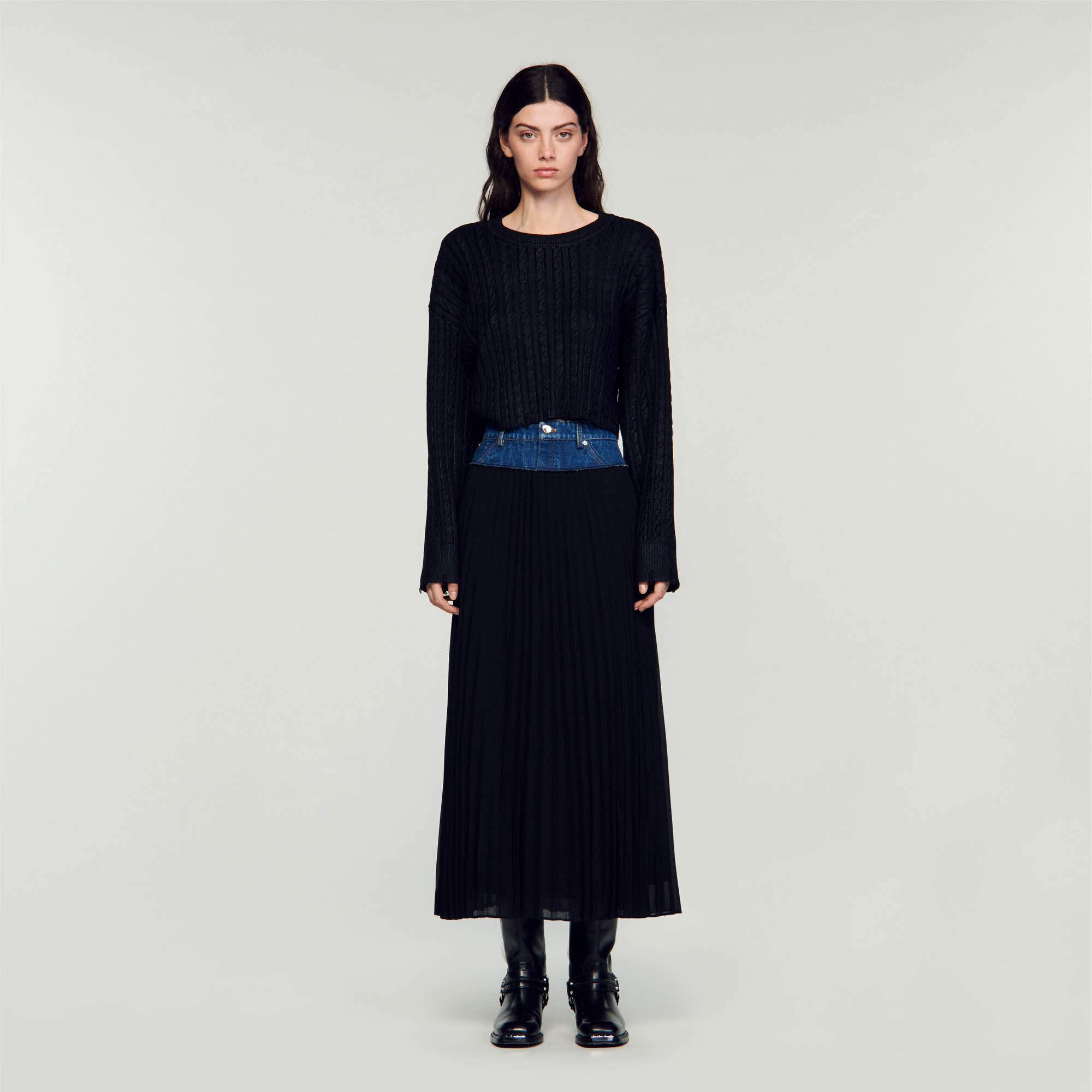 Long pleated denim skirt clearance