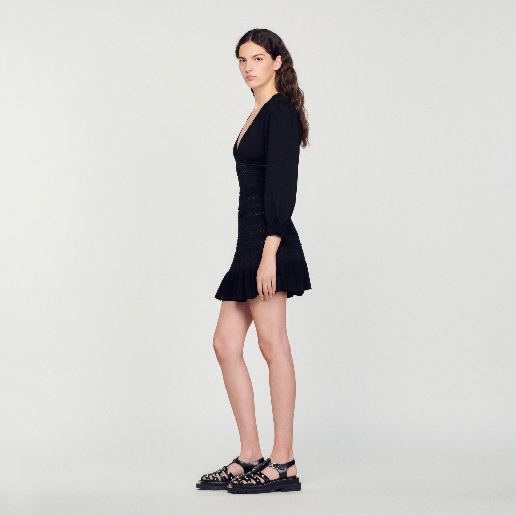Long black dress with ruffles top
