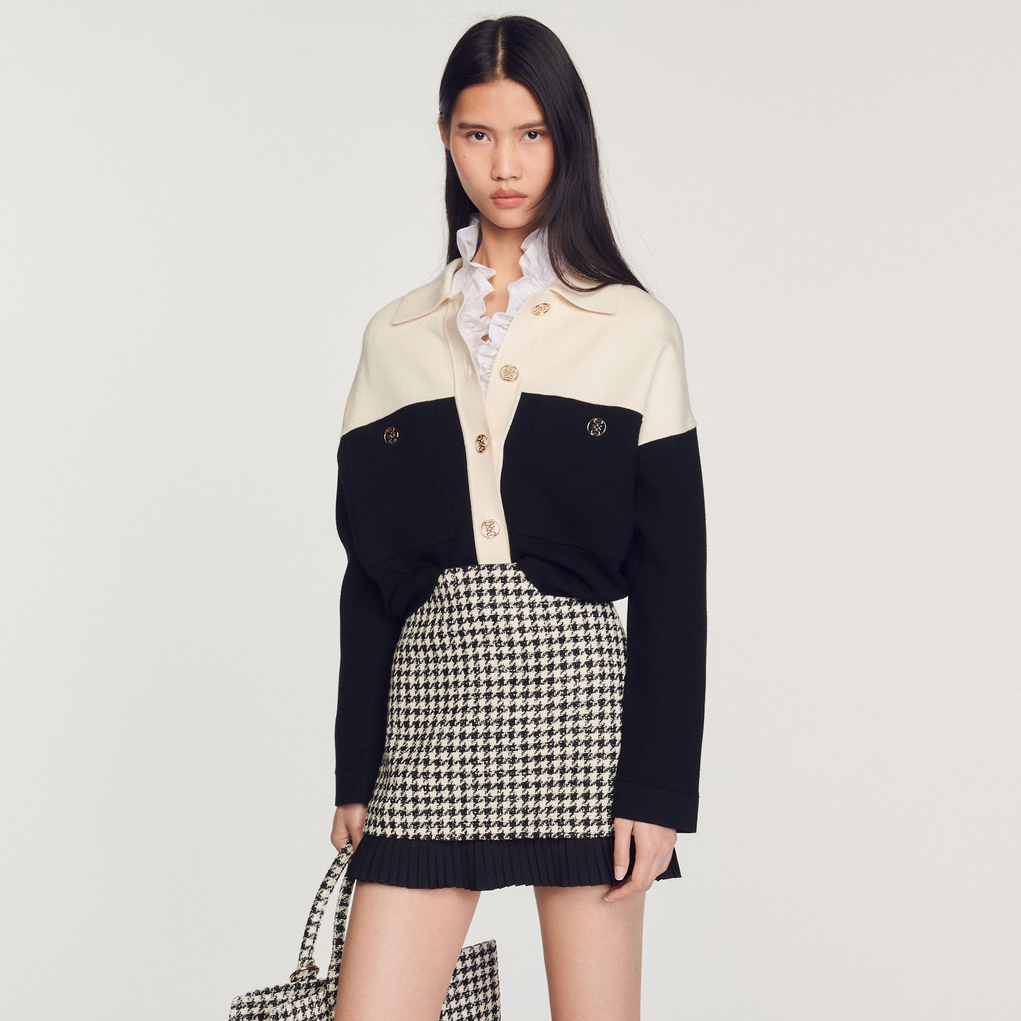 Short houndstooth tweed skirt SFPJU00732 White And Black