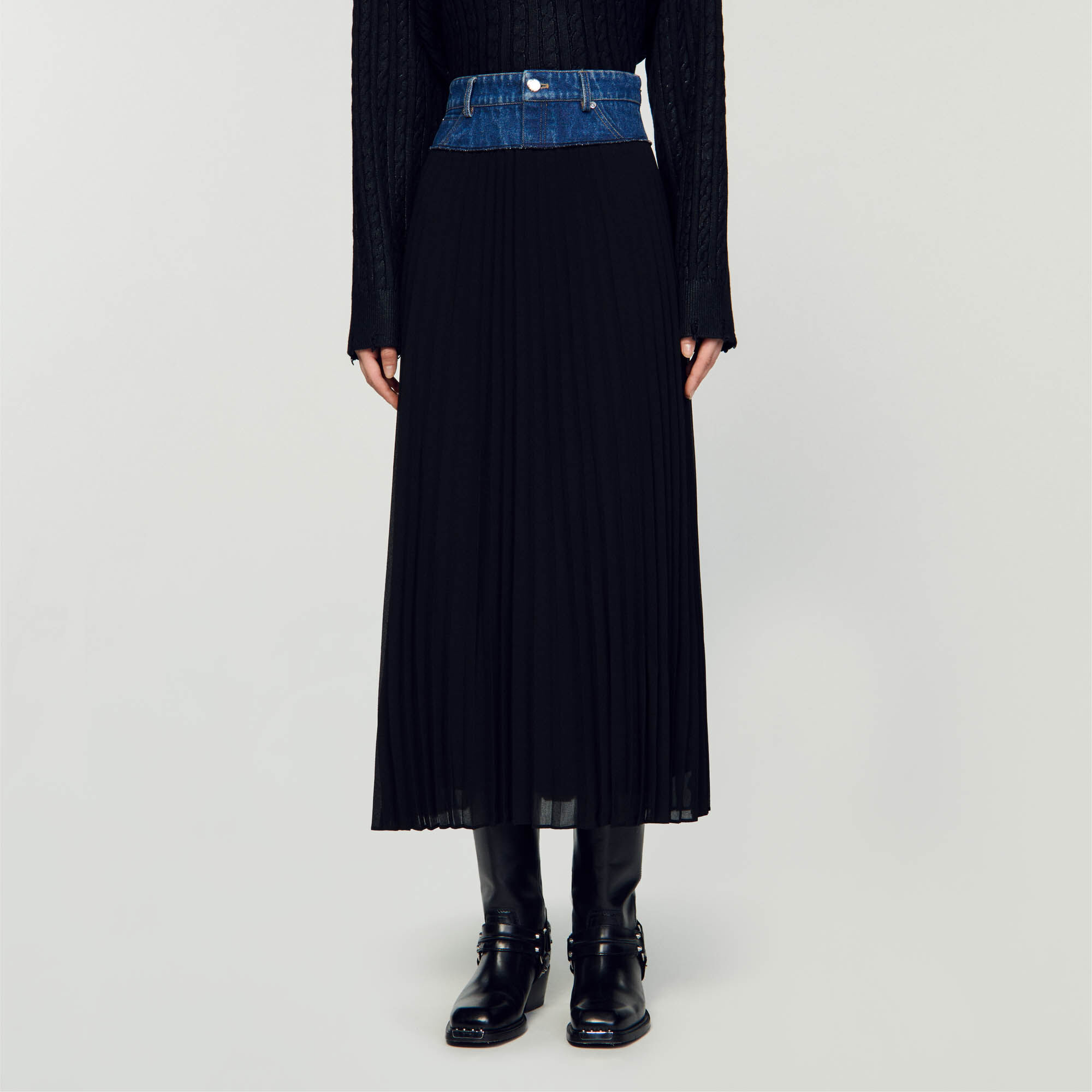 Long pleated denim skirt 2025