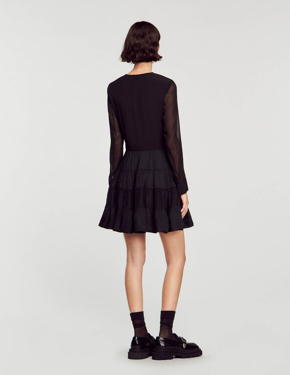 Short flowing dual-fabric dress SFPRO02680 Black - Dresses | Sandro Paris