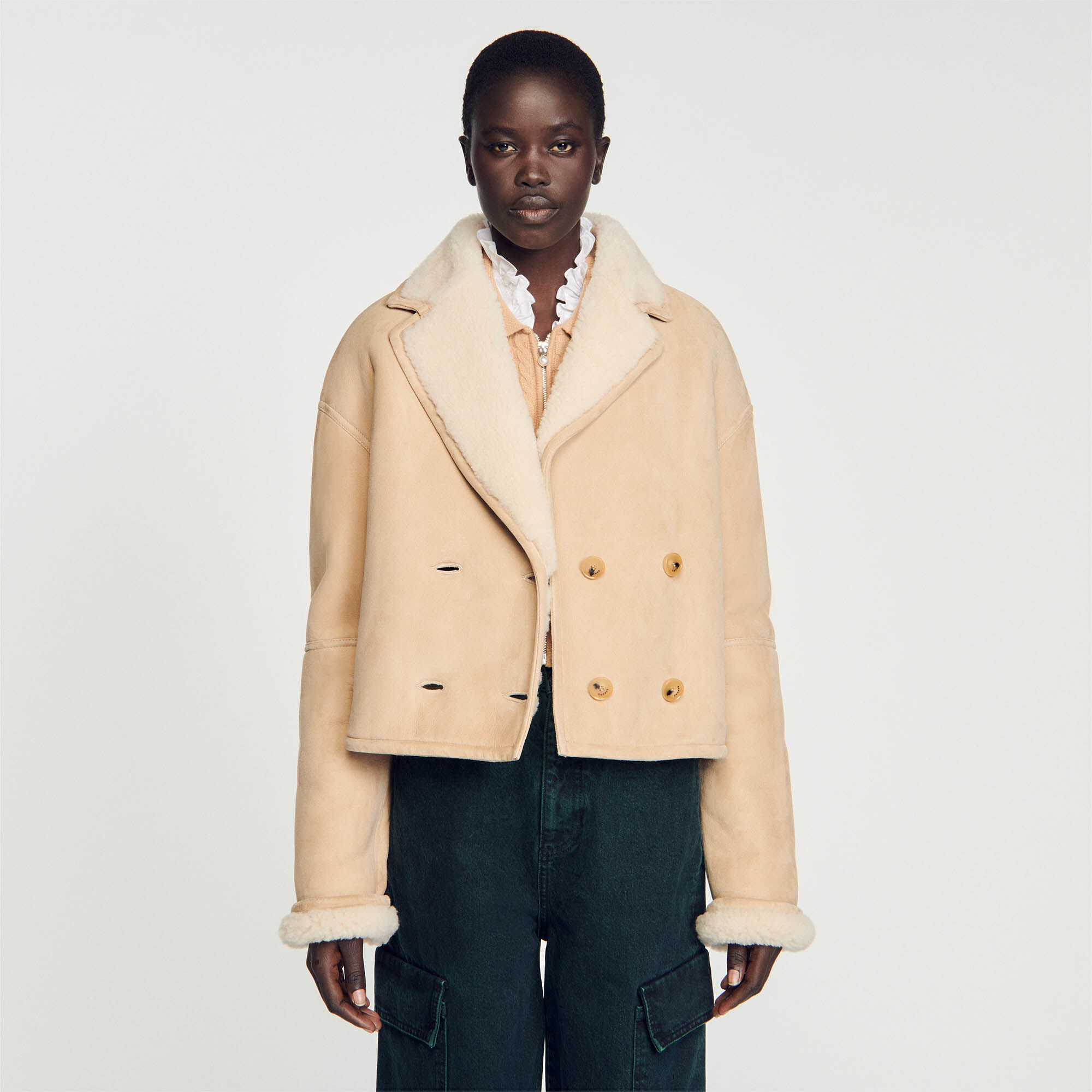 Cropped best sale shearling jacket