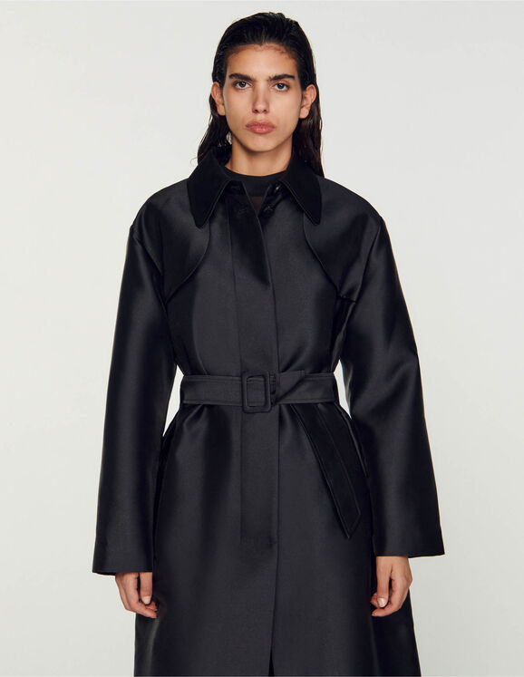 Satin-effect trench coat SFPOU00532 Black - Coats | Sandro Paris