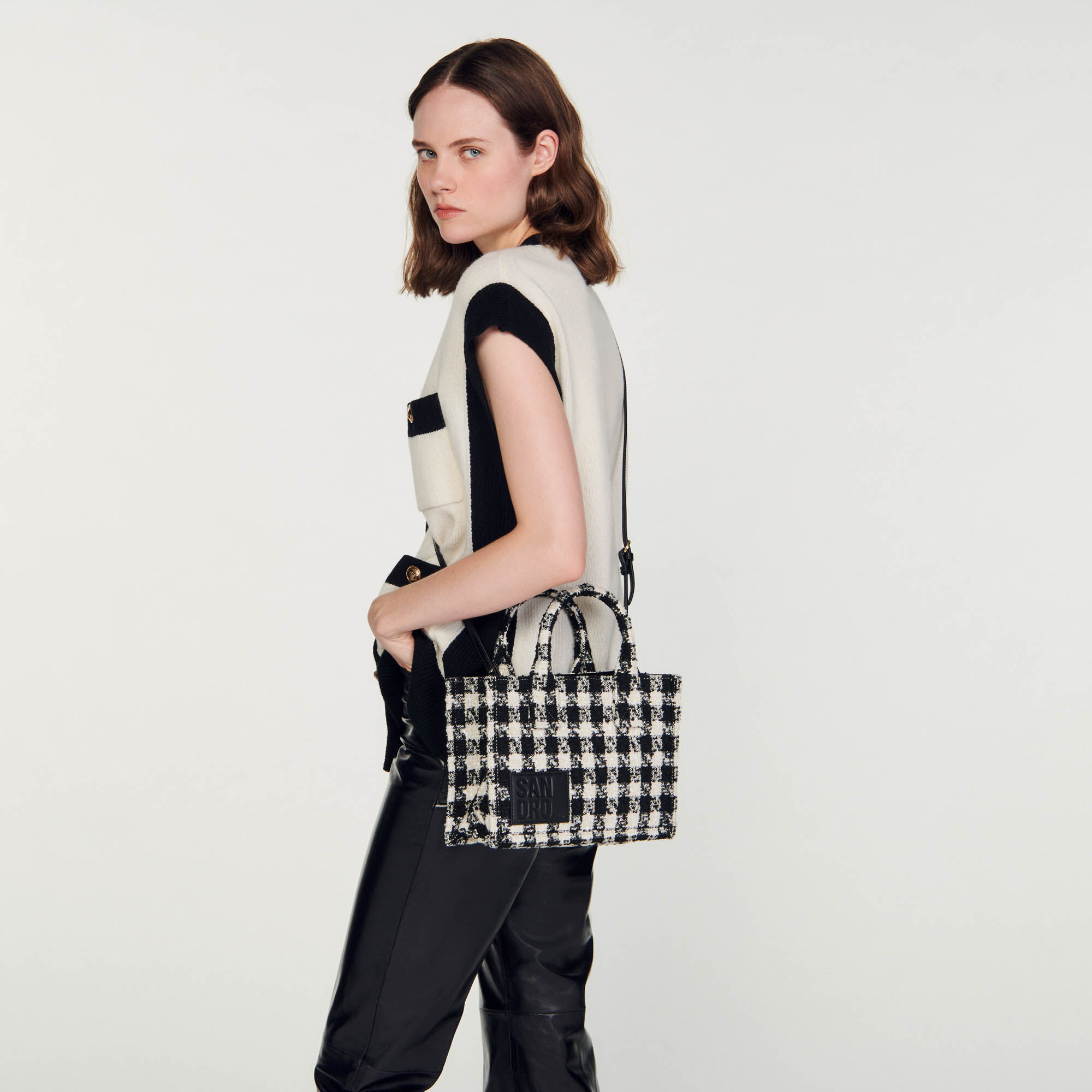 Small tweed Kasbah tote bag SFASA01128 Black Ecru All Bags