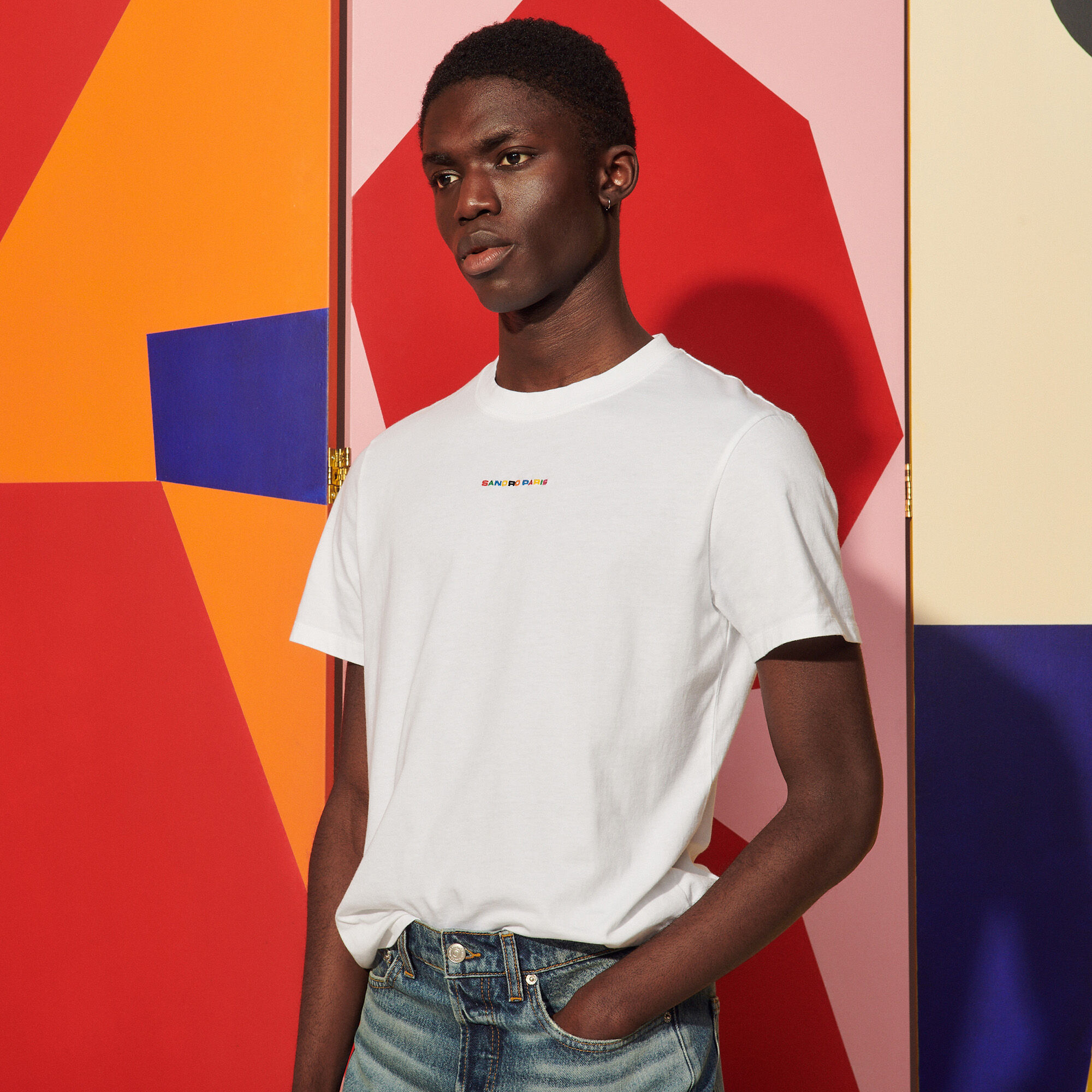Sandro T shirt with multicoloured embroidery Select a size and