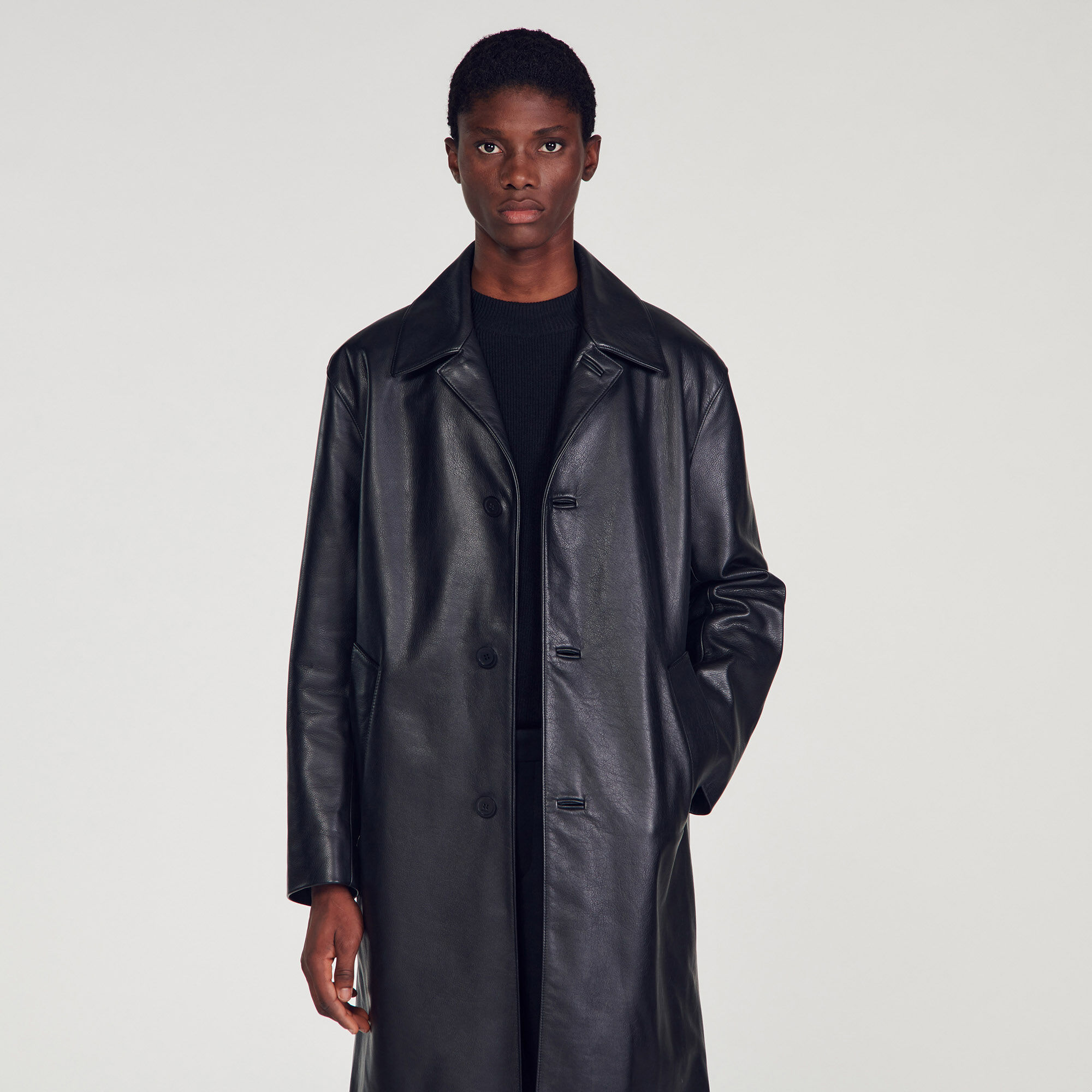 Long black top leather coat