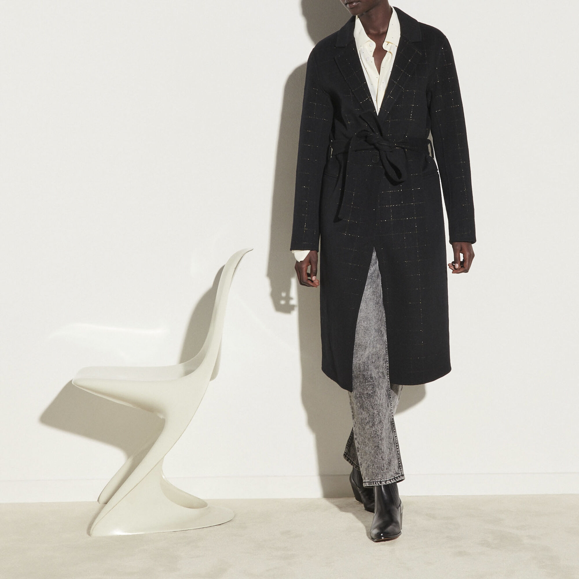 Sandro Long Coat With Fancy Checks In Black ModeSens
