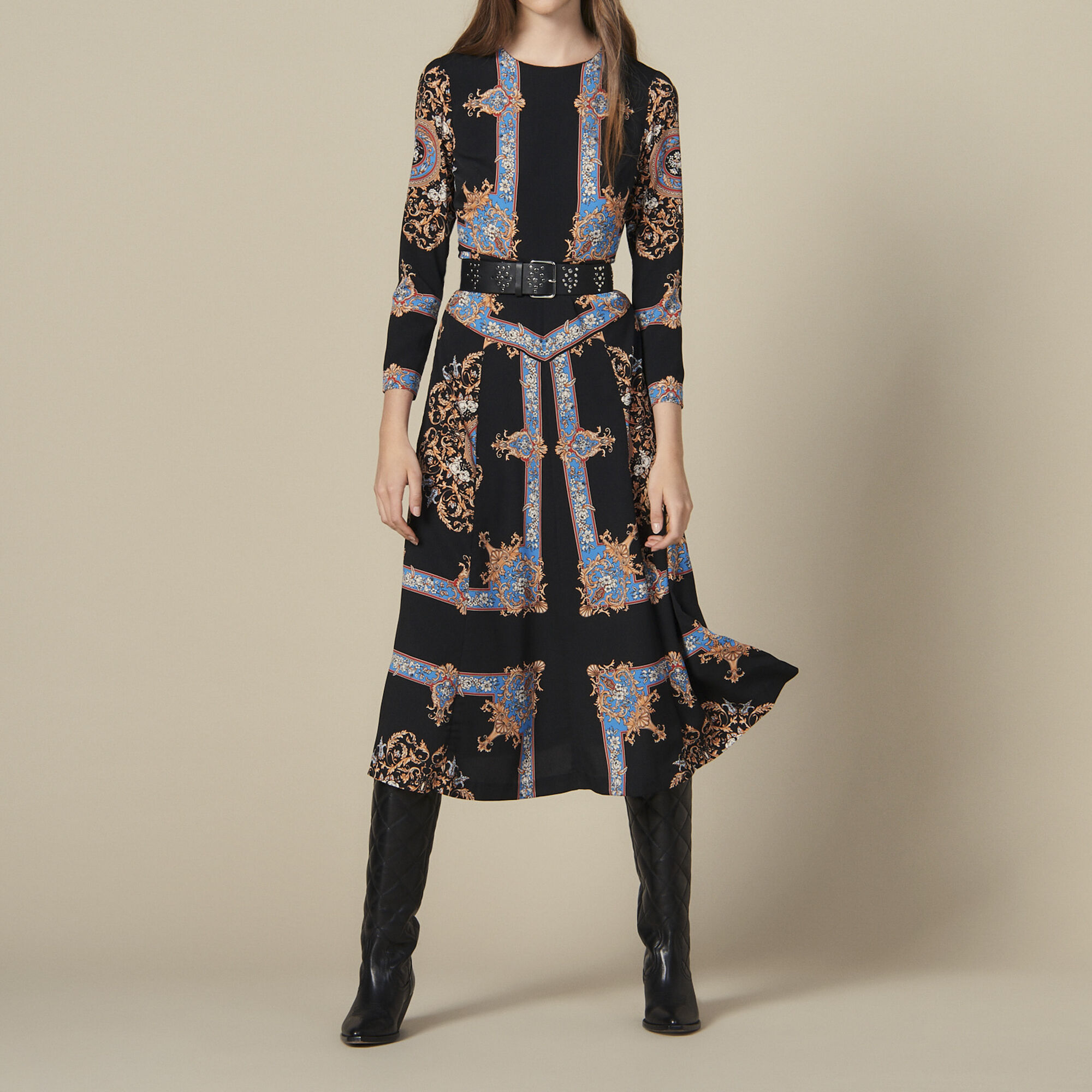 Sandro long dress with scarf prints on sale