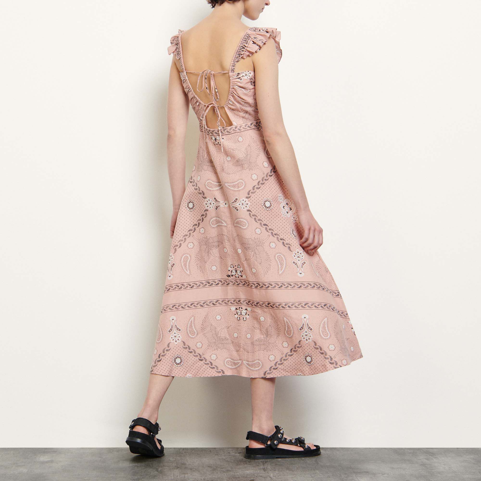 Sandro Long Printed Dress With Square Neckline In Neutrals