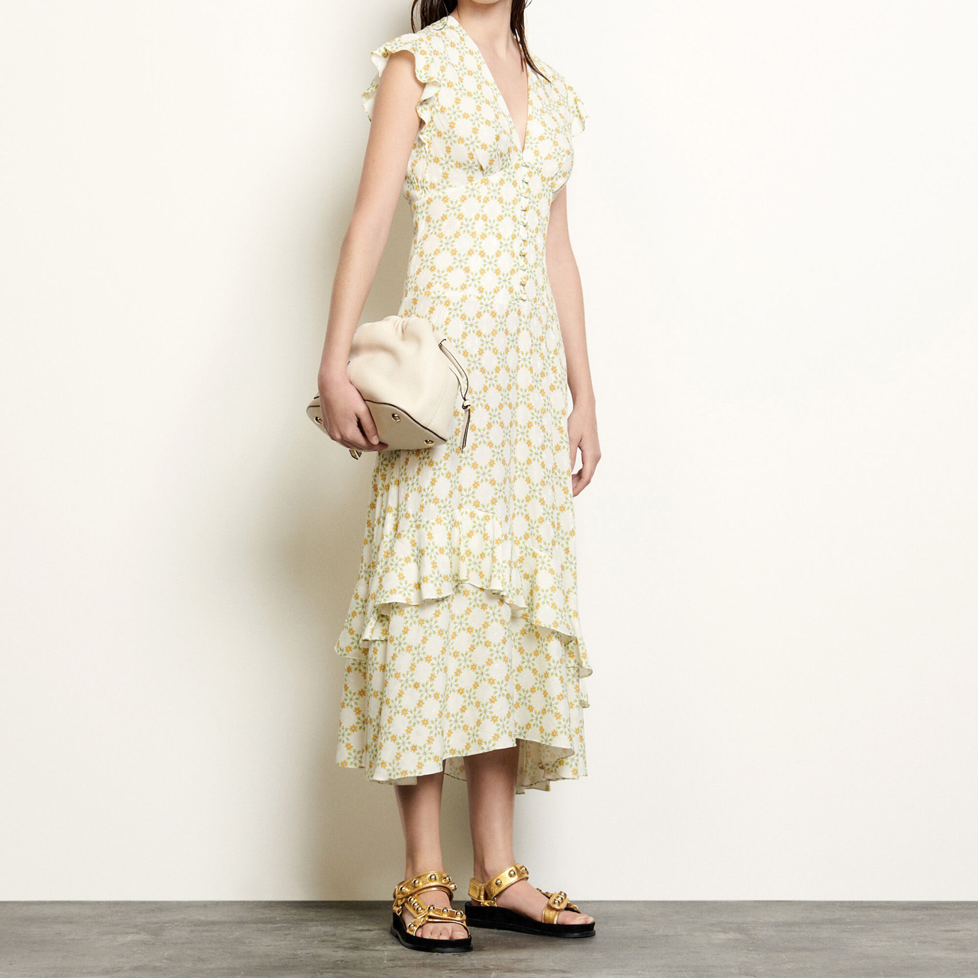 Sandro Long Dress In Printed Jacquard In Neutrals | ModeSens